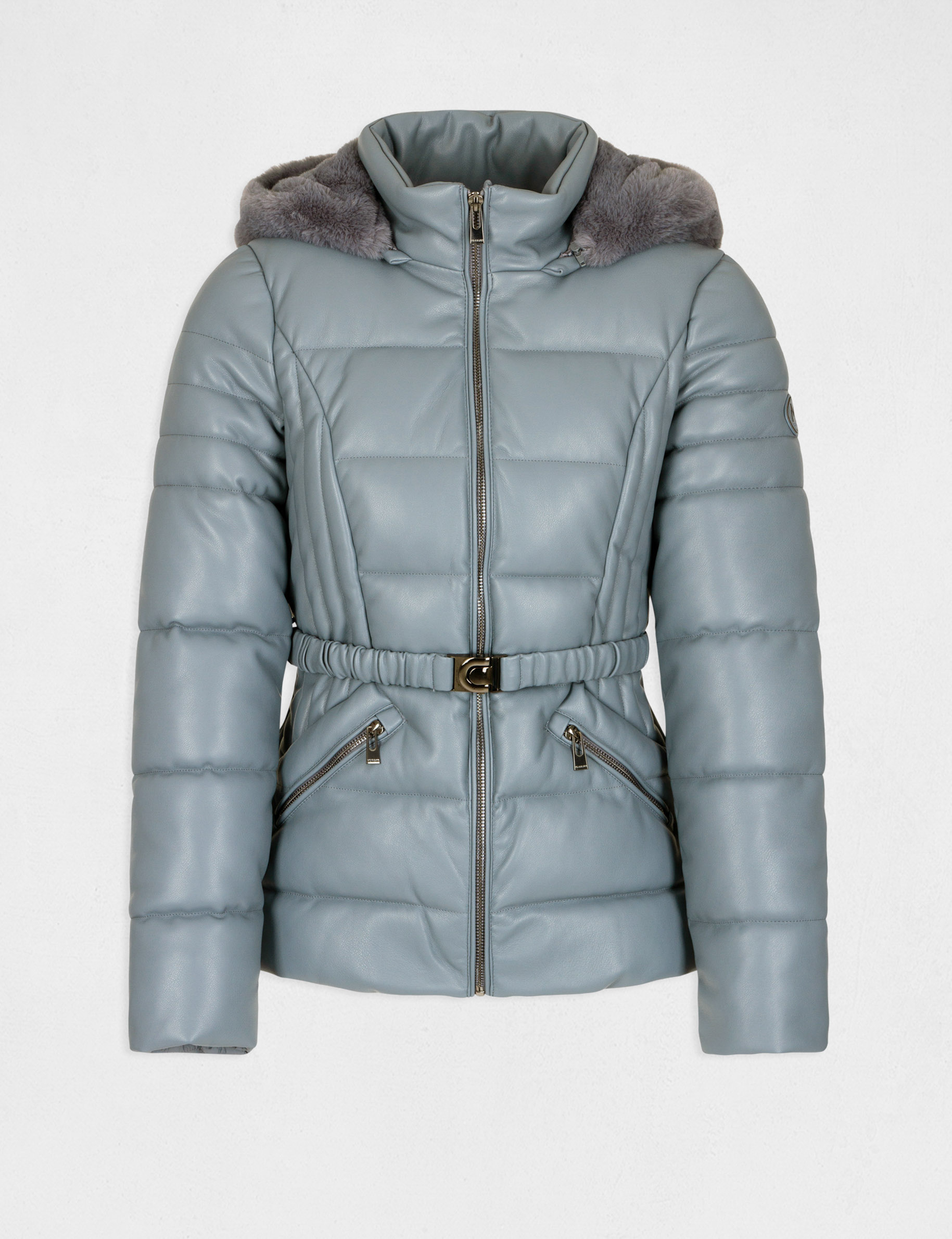 Straight belted padded jacket with hood blue ladies'