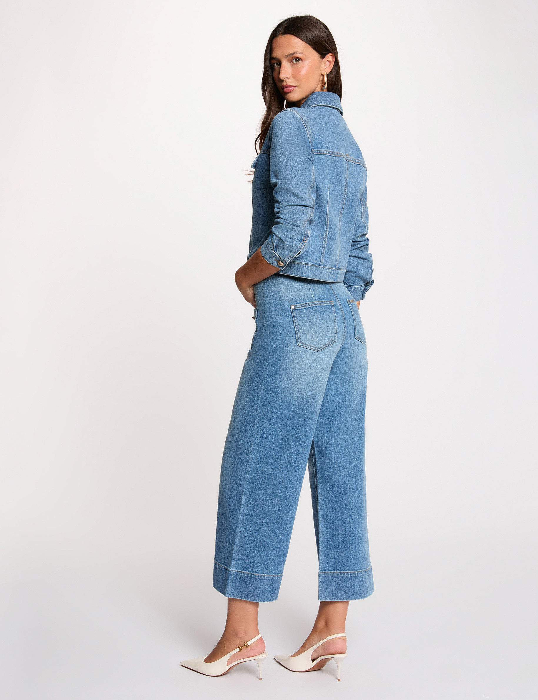 Wide-leg high-waisted jeans denim stone women
