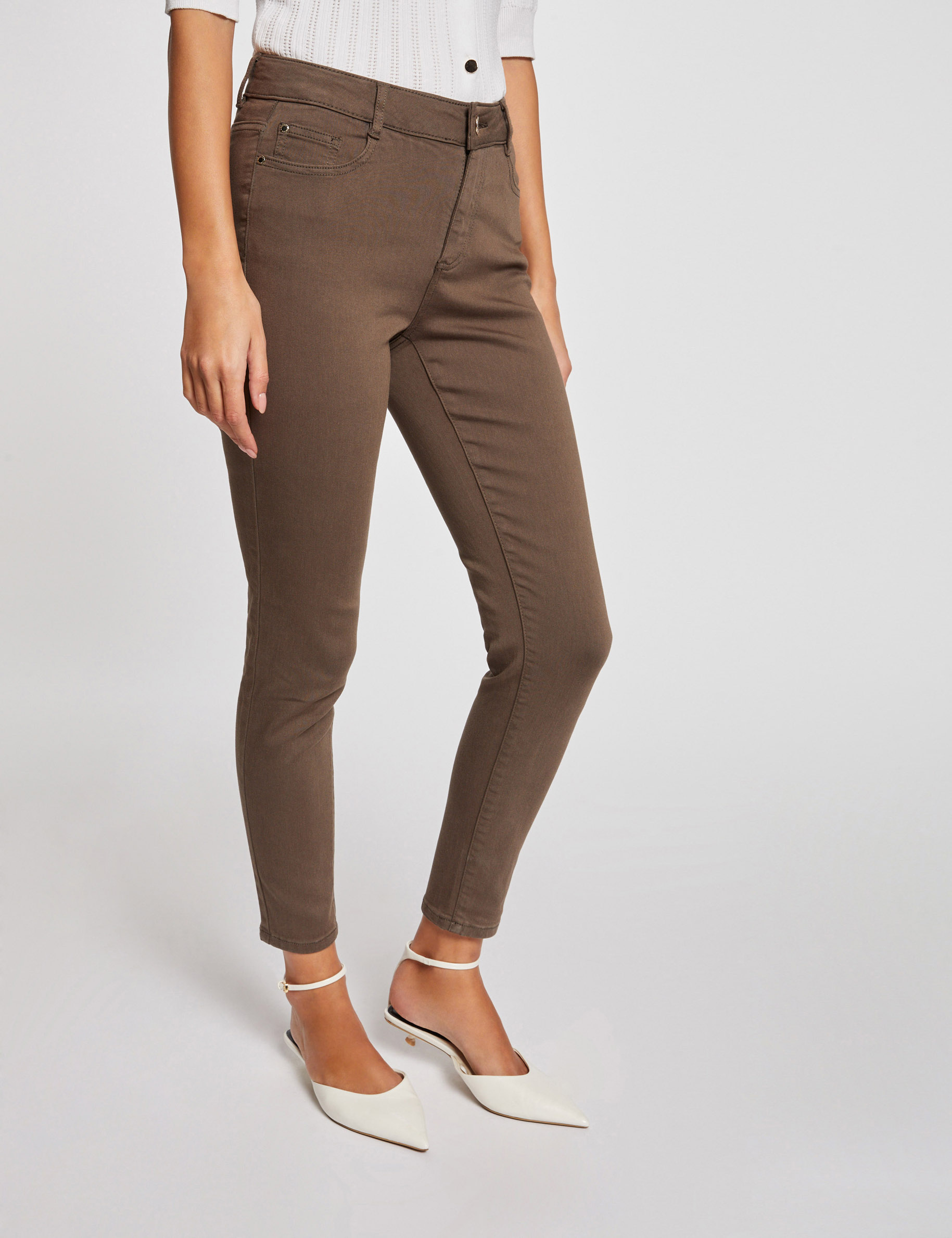 Cropped skinny trousers with 5 pockets khaki green ladies'
