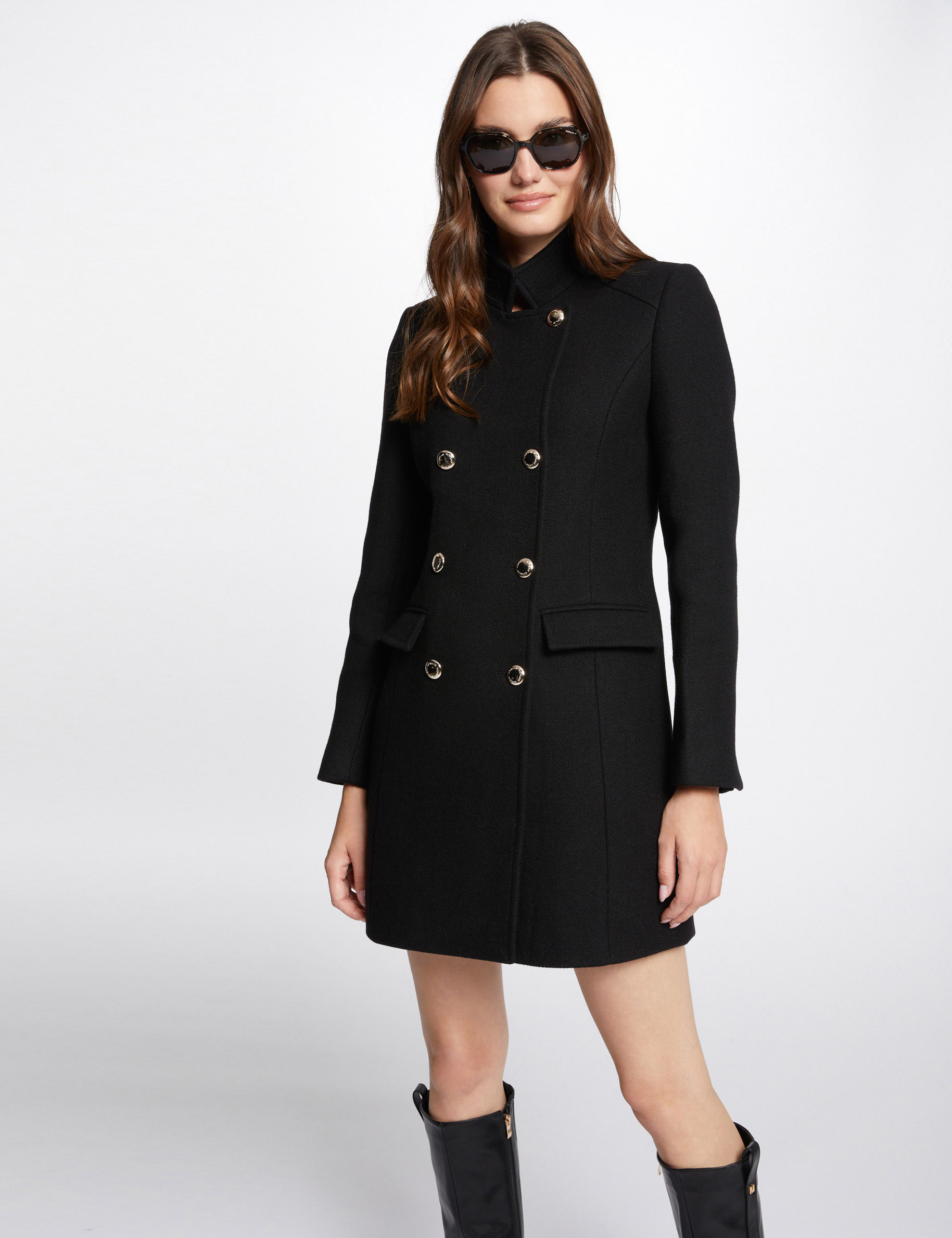 Long double breasted coat black ladies'