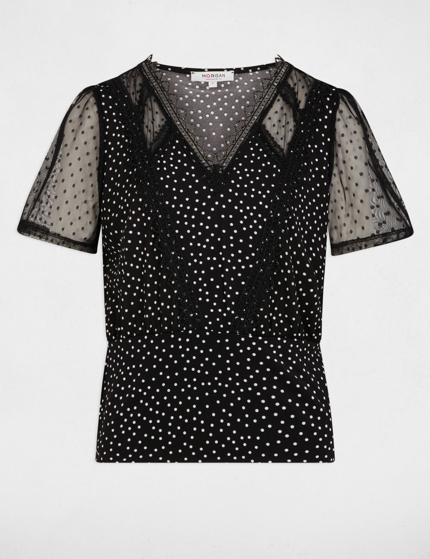 t shirt manches courtes a pois noir femme T-shirt manches courtes à pois noir femme