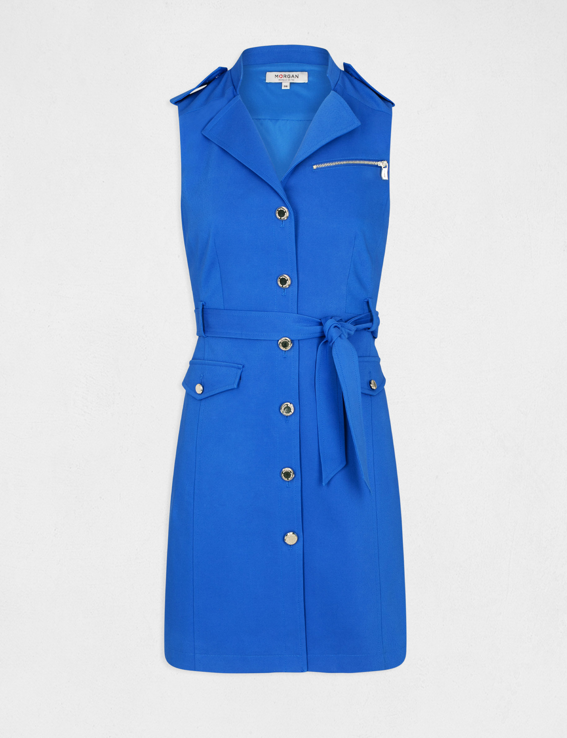 Straight buttoned and belted dress electric blue ladies'