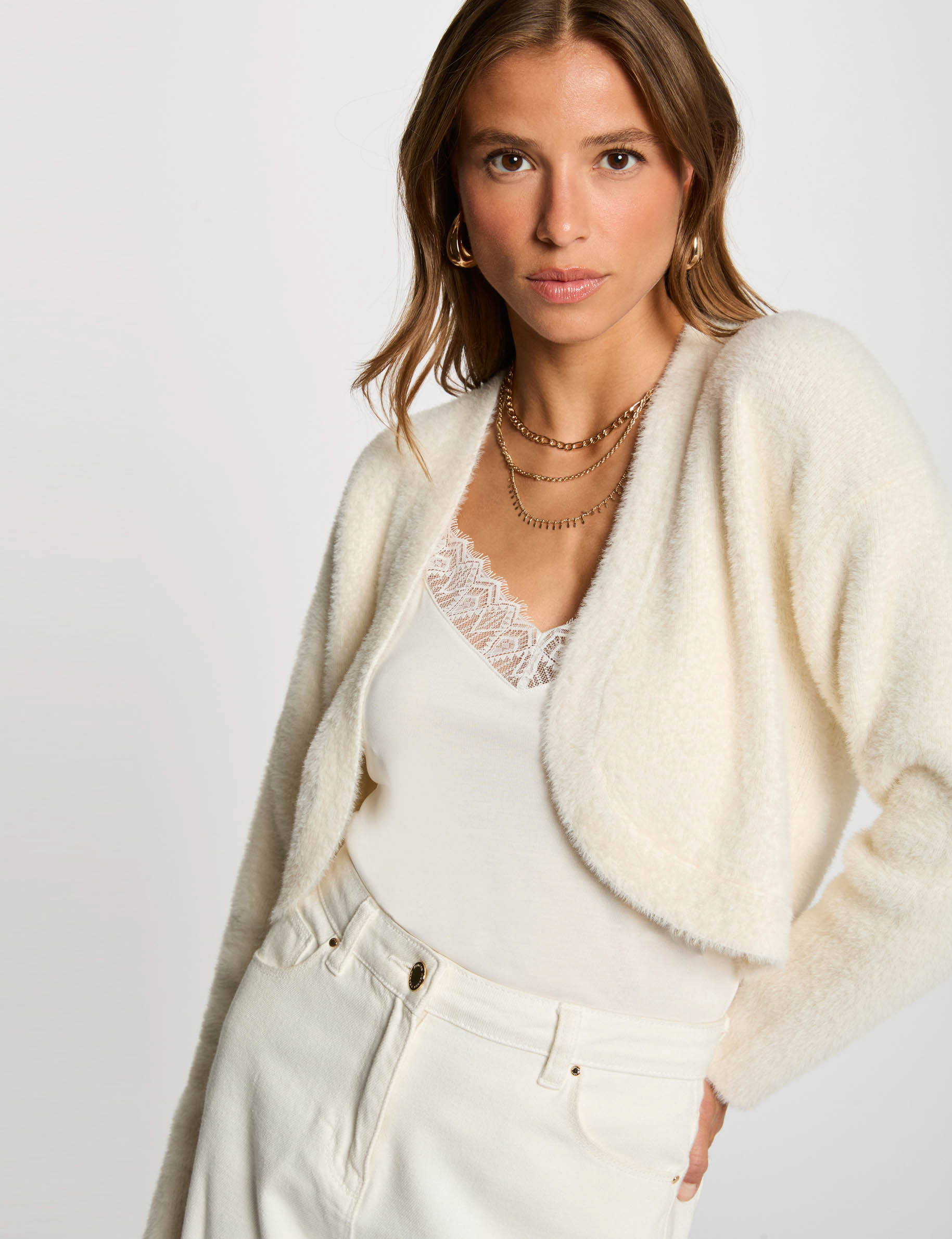 Long-sleeved short cardigan ivory women