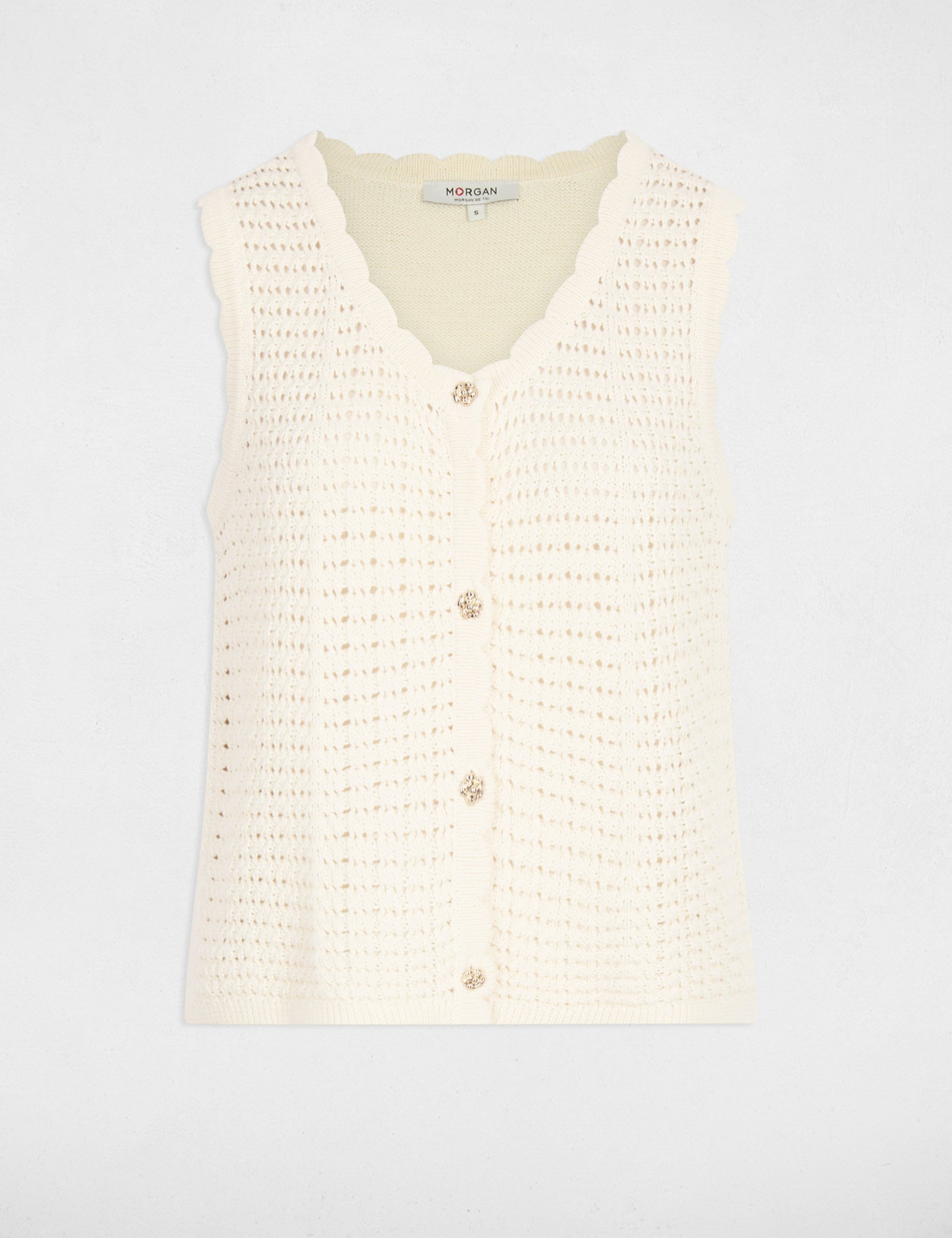 Sleeveless openwork cardigan ivory women