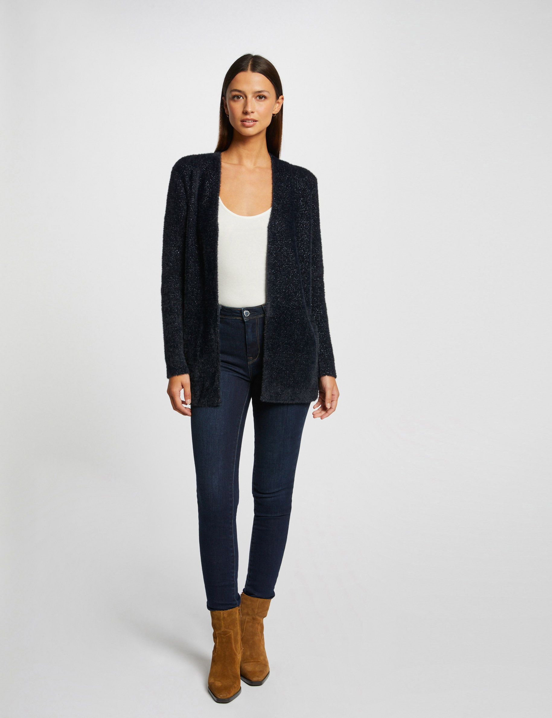 Straight cardigan metallised threads navy ladies'