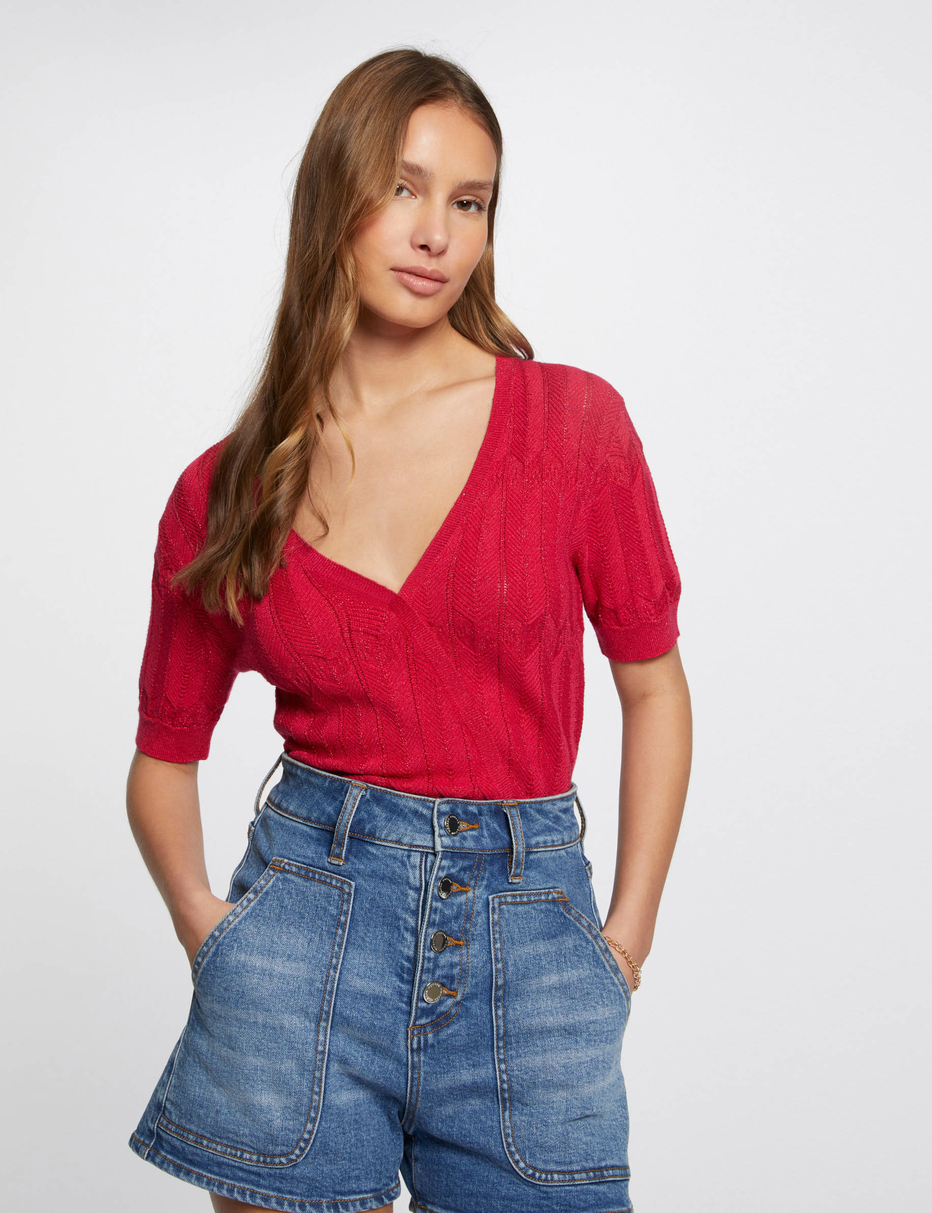Jumper wrap-over neckline raspberry ladies