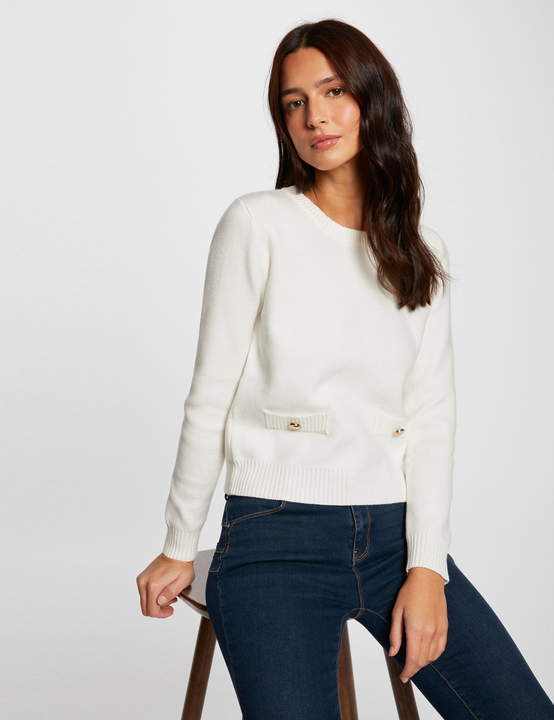 Long-sleeved jumper with round neck ecru ladies'