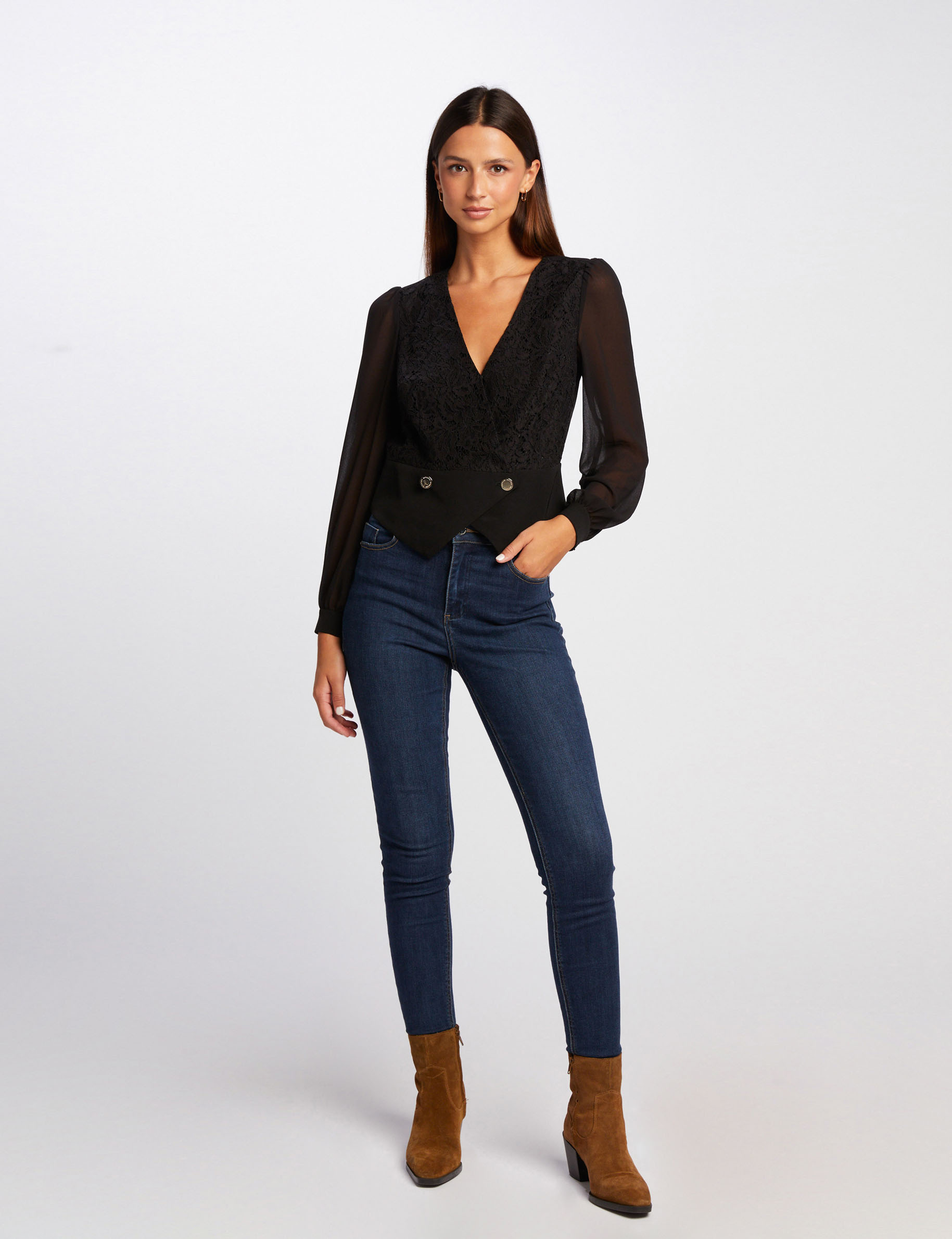 Long-sleeved blouse with lace black ladies'