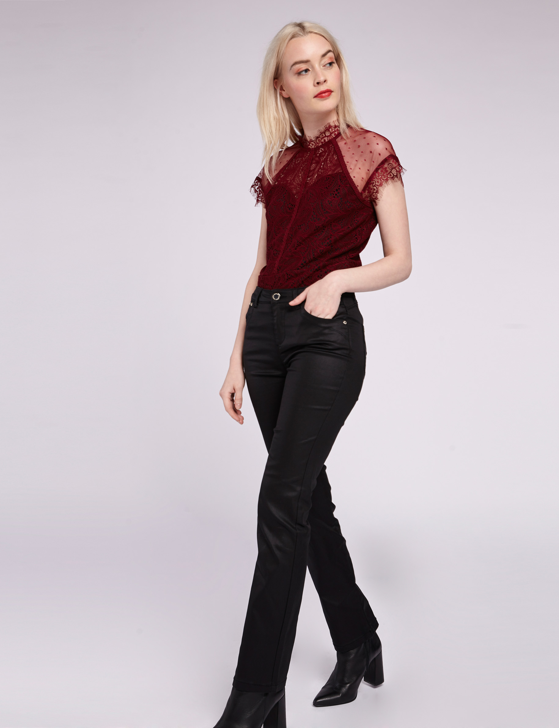 Dobby spot and lace blouse burgundy ladies'