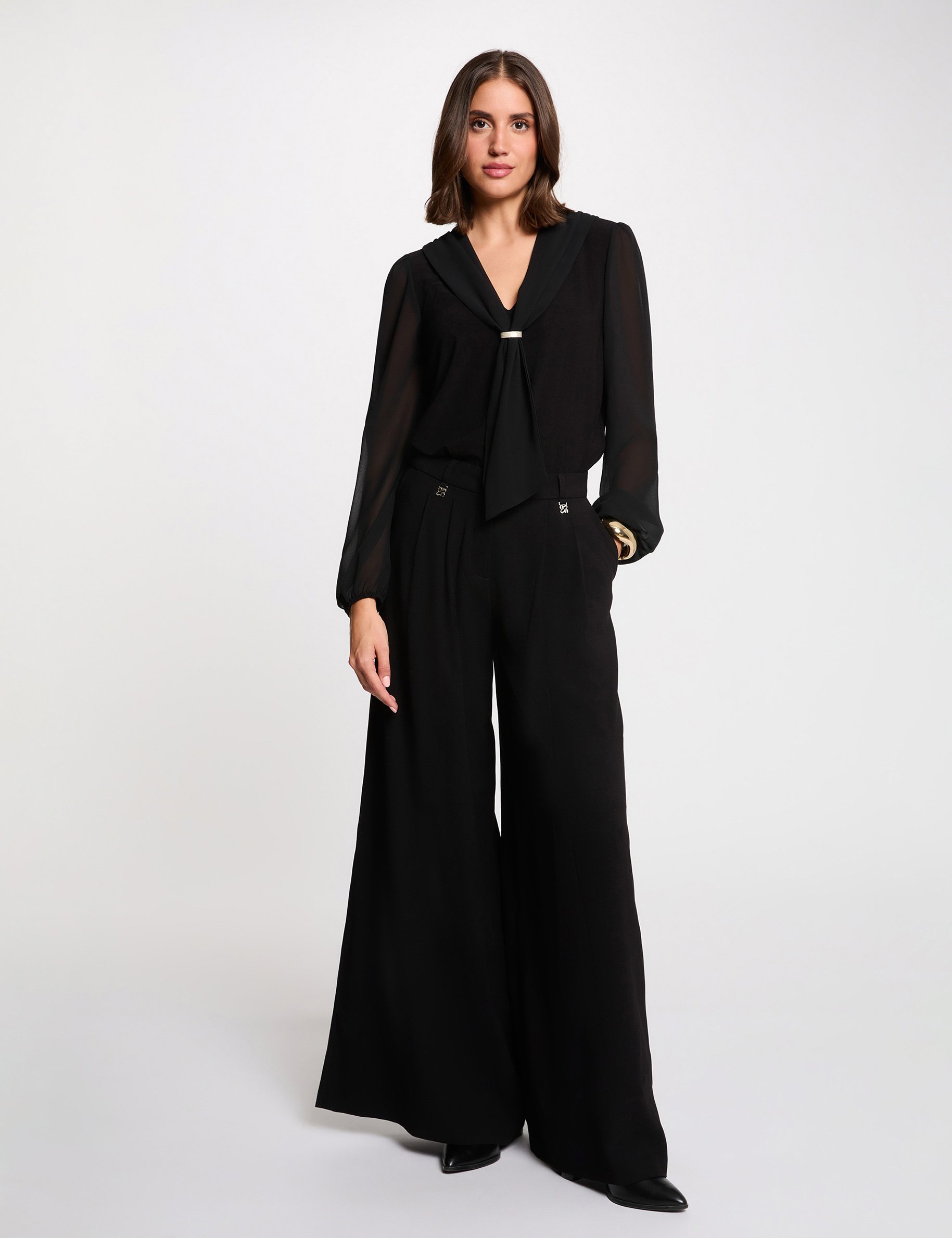 t shirt with voile and tie neck black women T-shirt with voile and tie neck black women