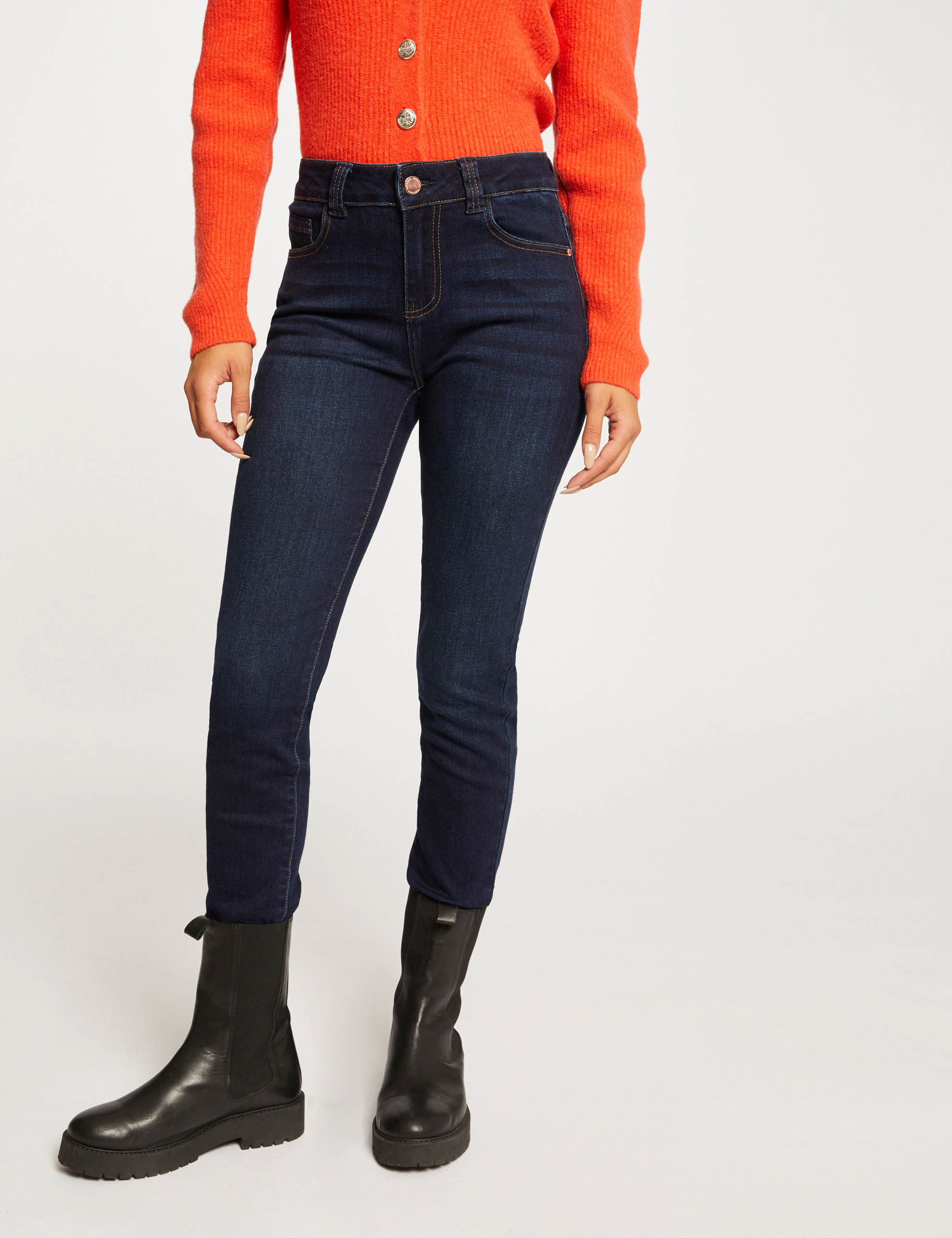 High-waisted slim jeans raw denim ladies'