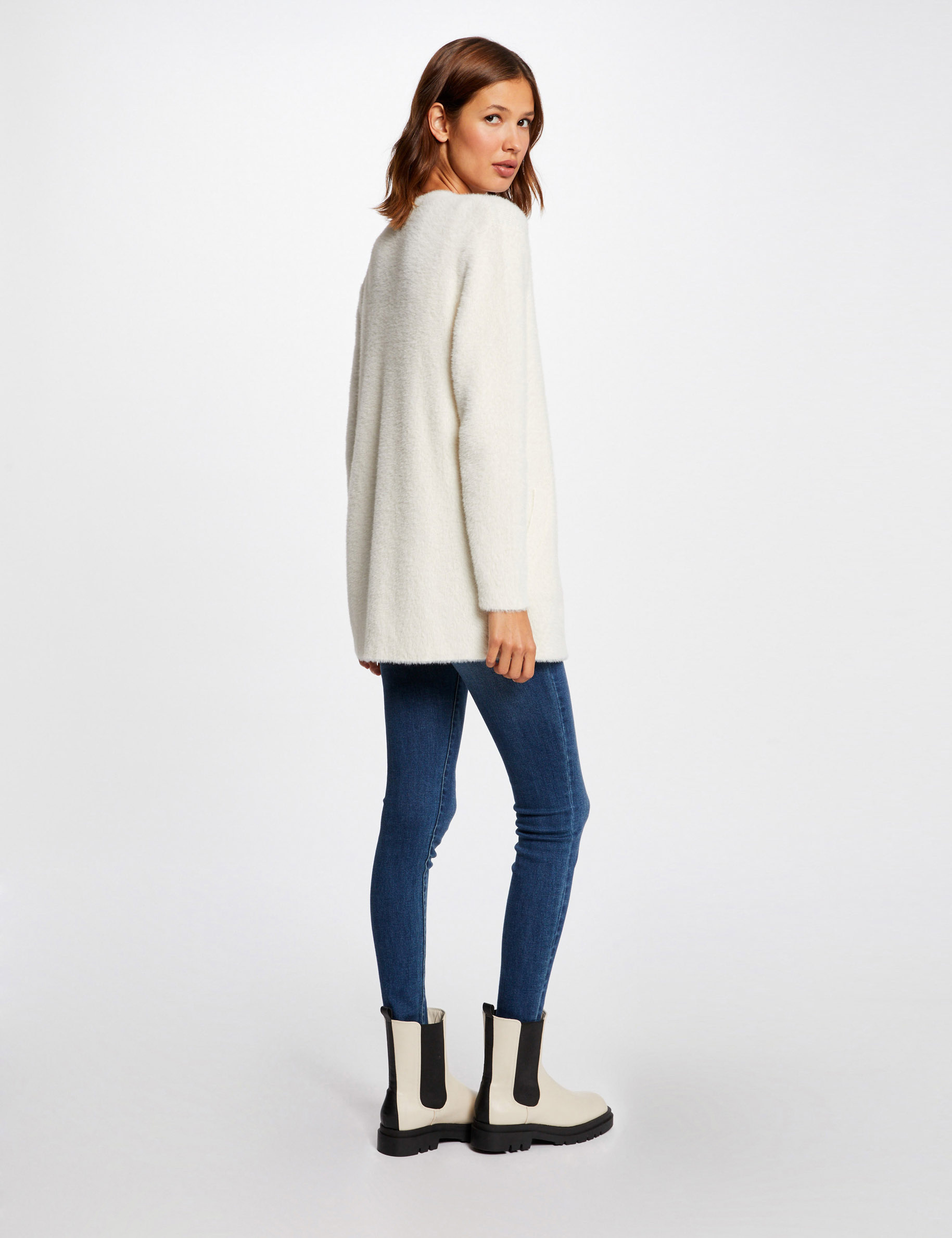 Long cardigan with fluffy knit ivory ladies'