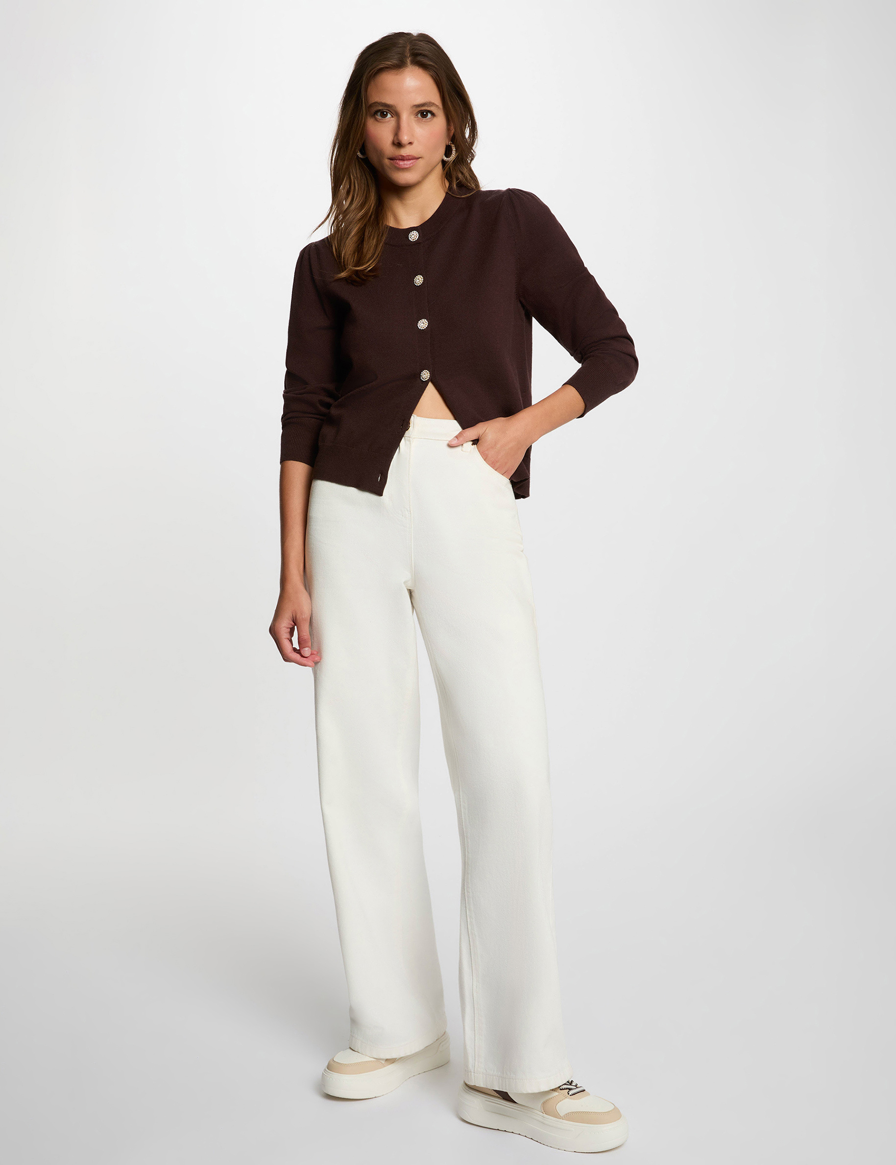 Knitted cardigan round neck dark brown women