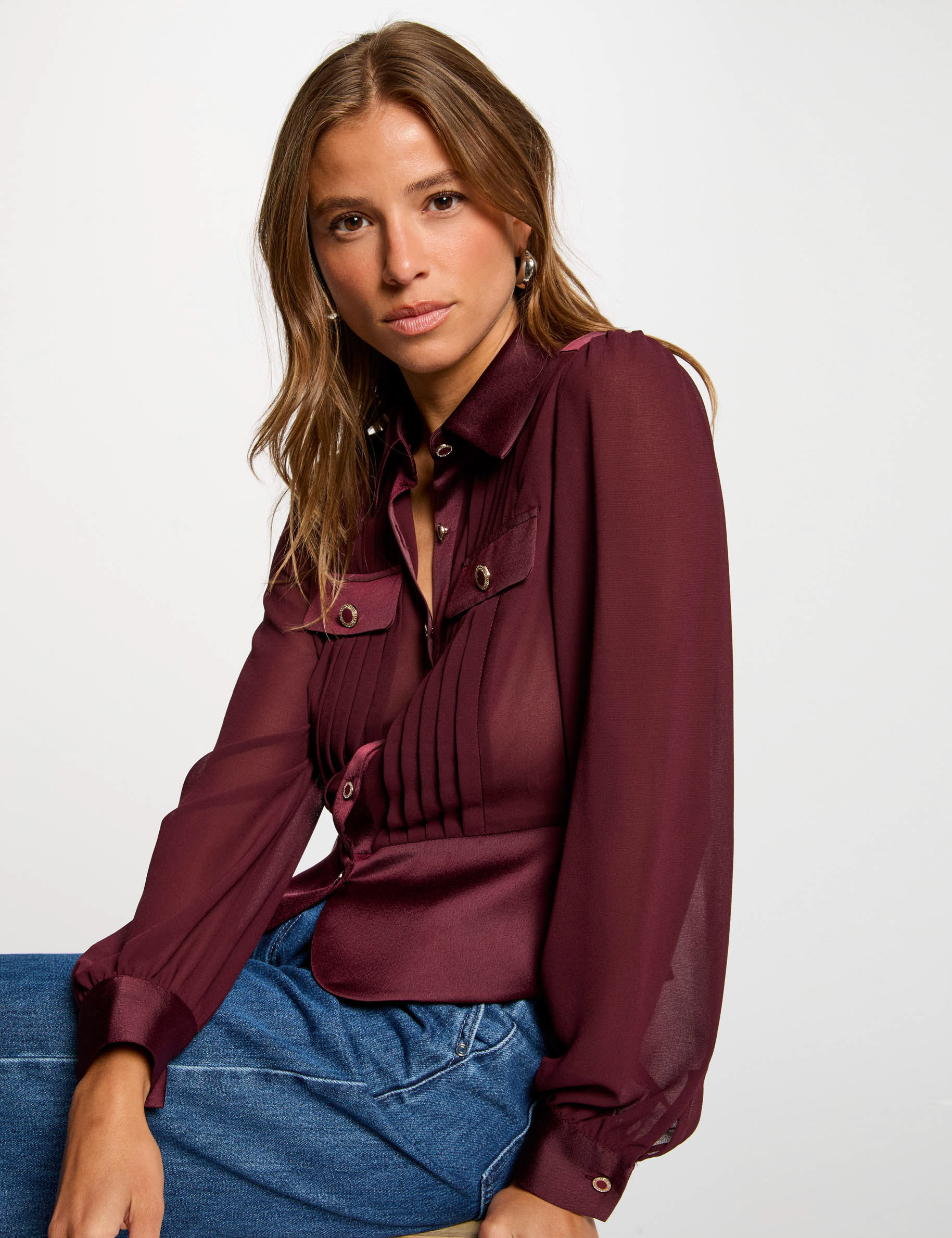 long sleeved shirt with pleats plum women Long-sleeved shirt with pleats plum women