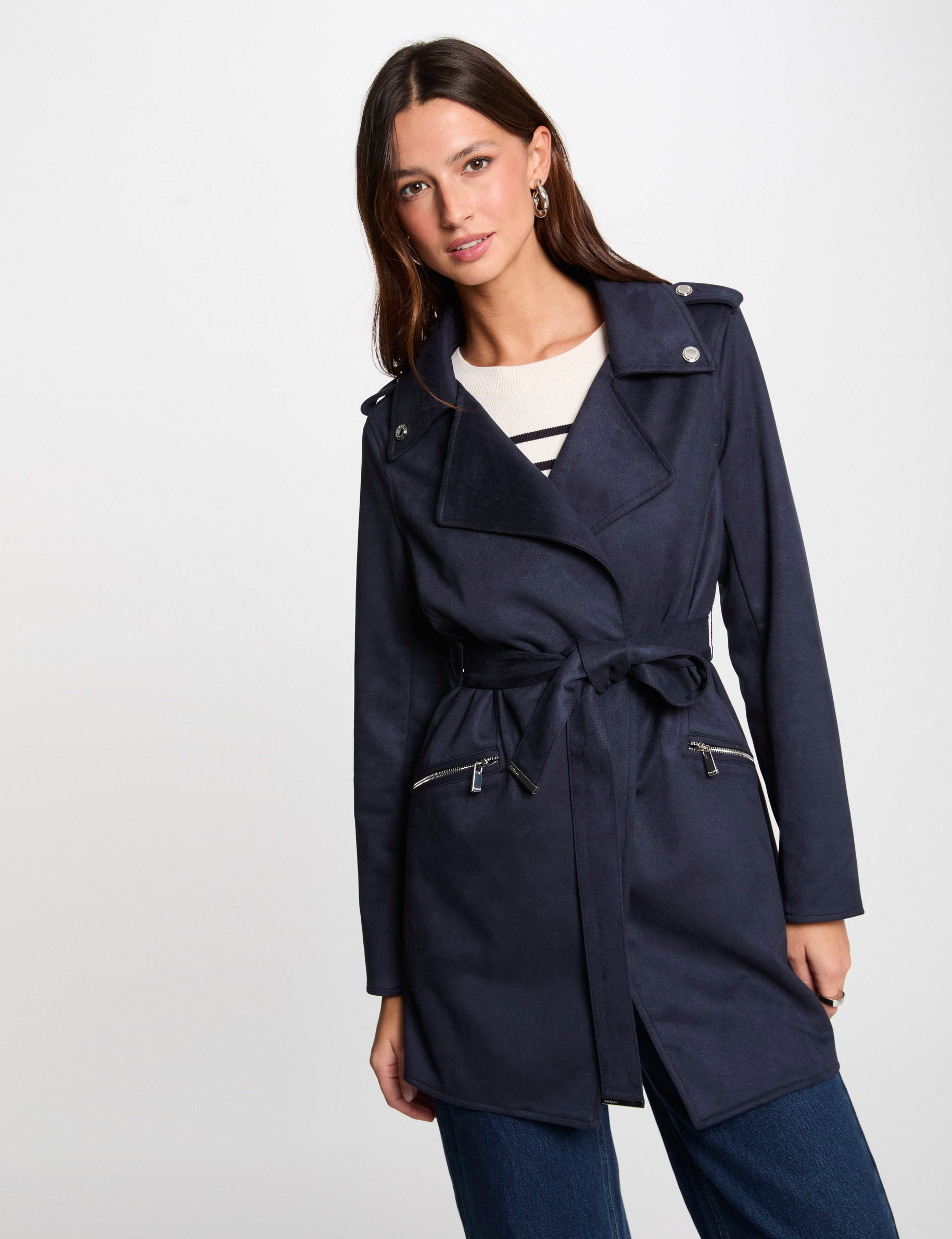 belted long suede coat navy blue women Belted long suede coat navy blue women