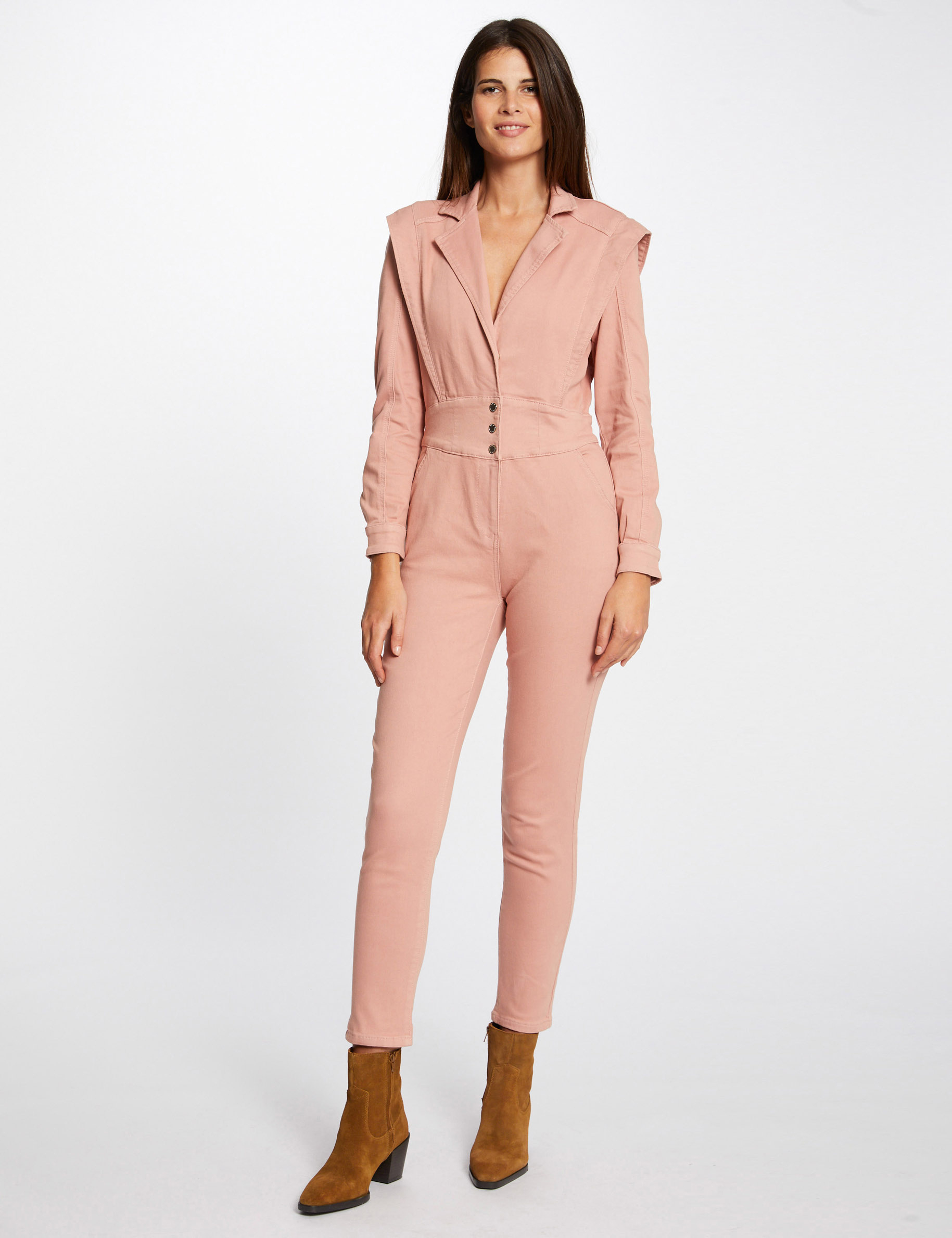 Fitted jumpsuit notched lapel collar antique pink ladies'