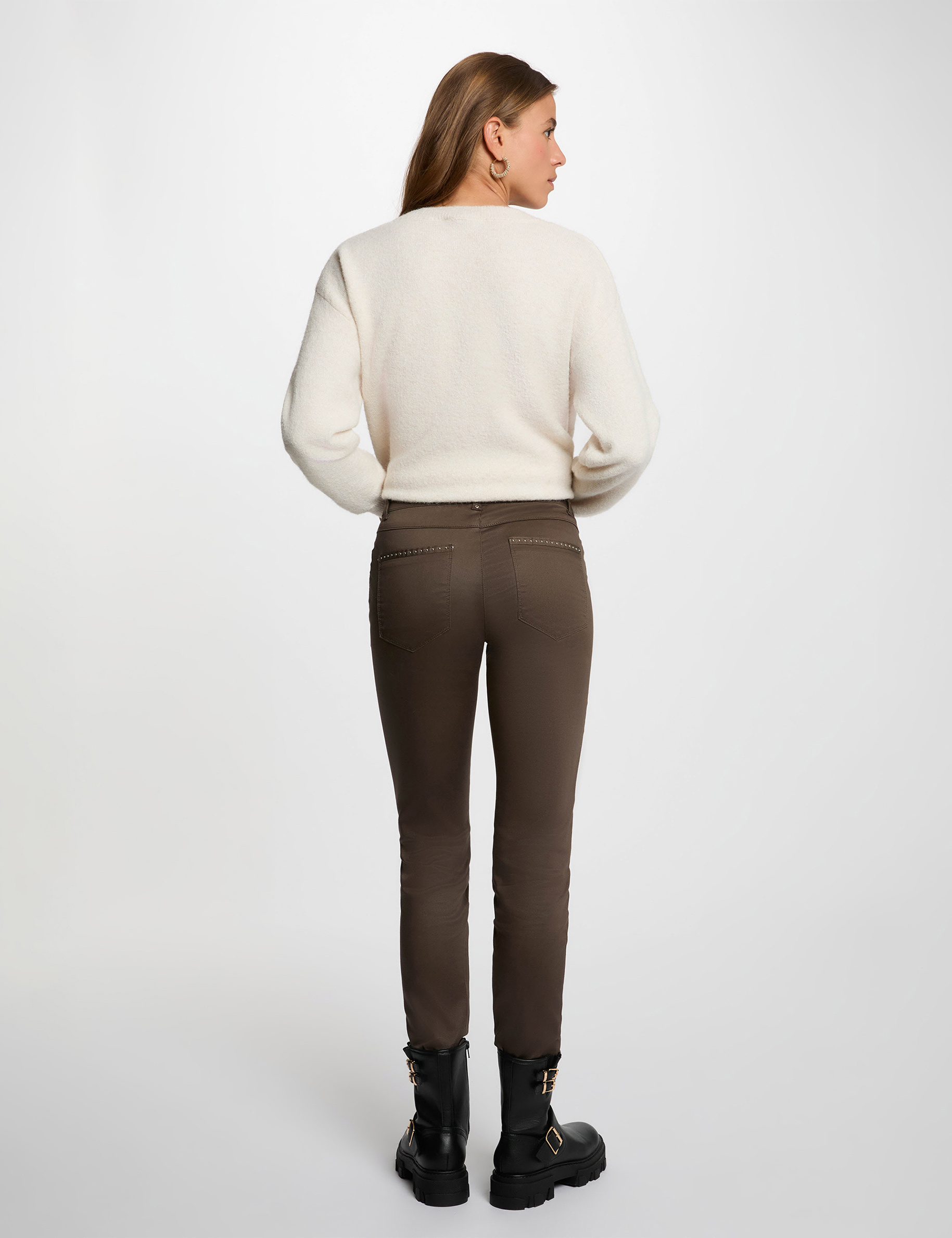 Slim trousers wet effect taupe women