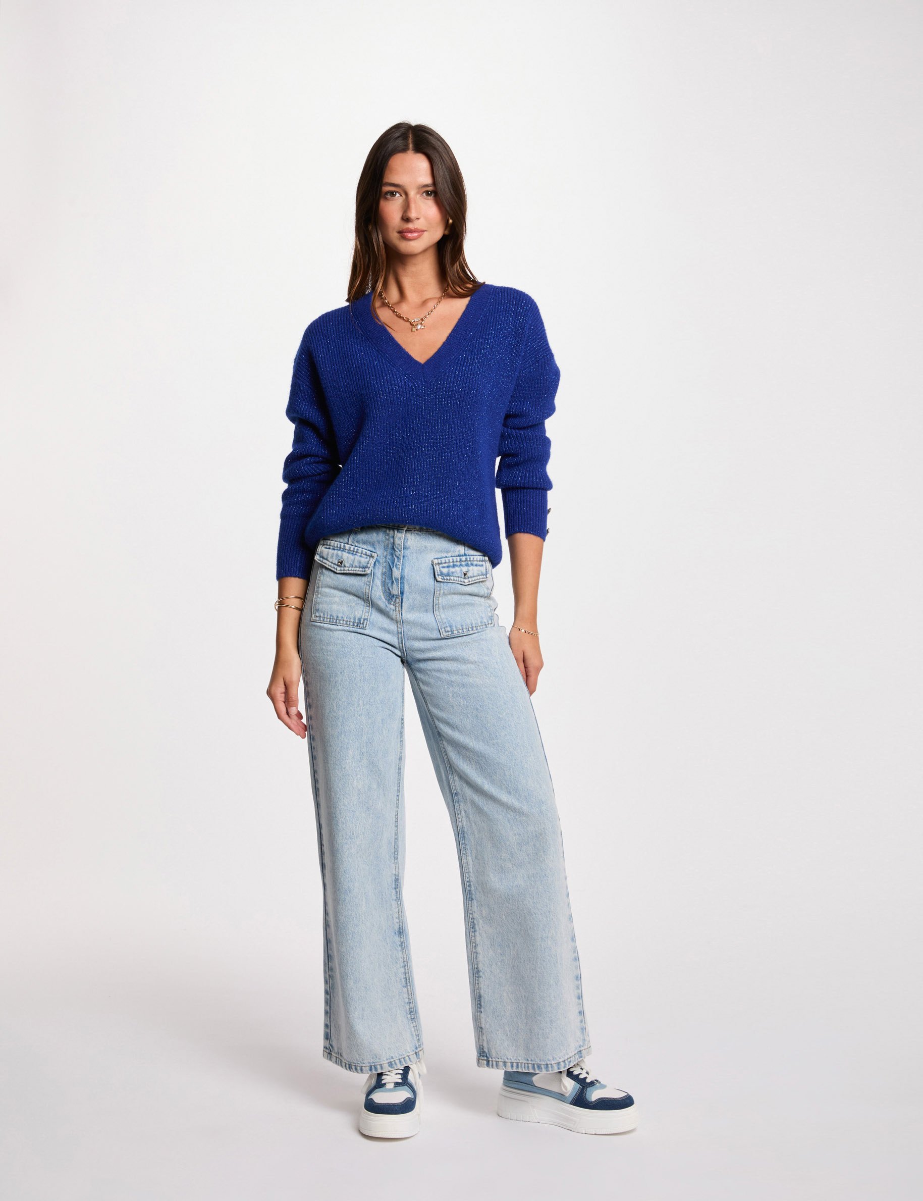 pull col en v oversize bleu petrole femme Pull col en V oversize bleu pétrole femme