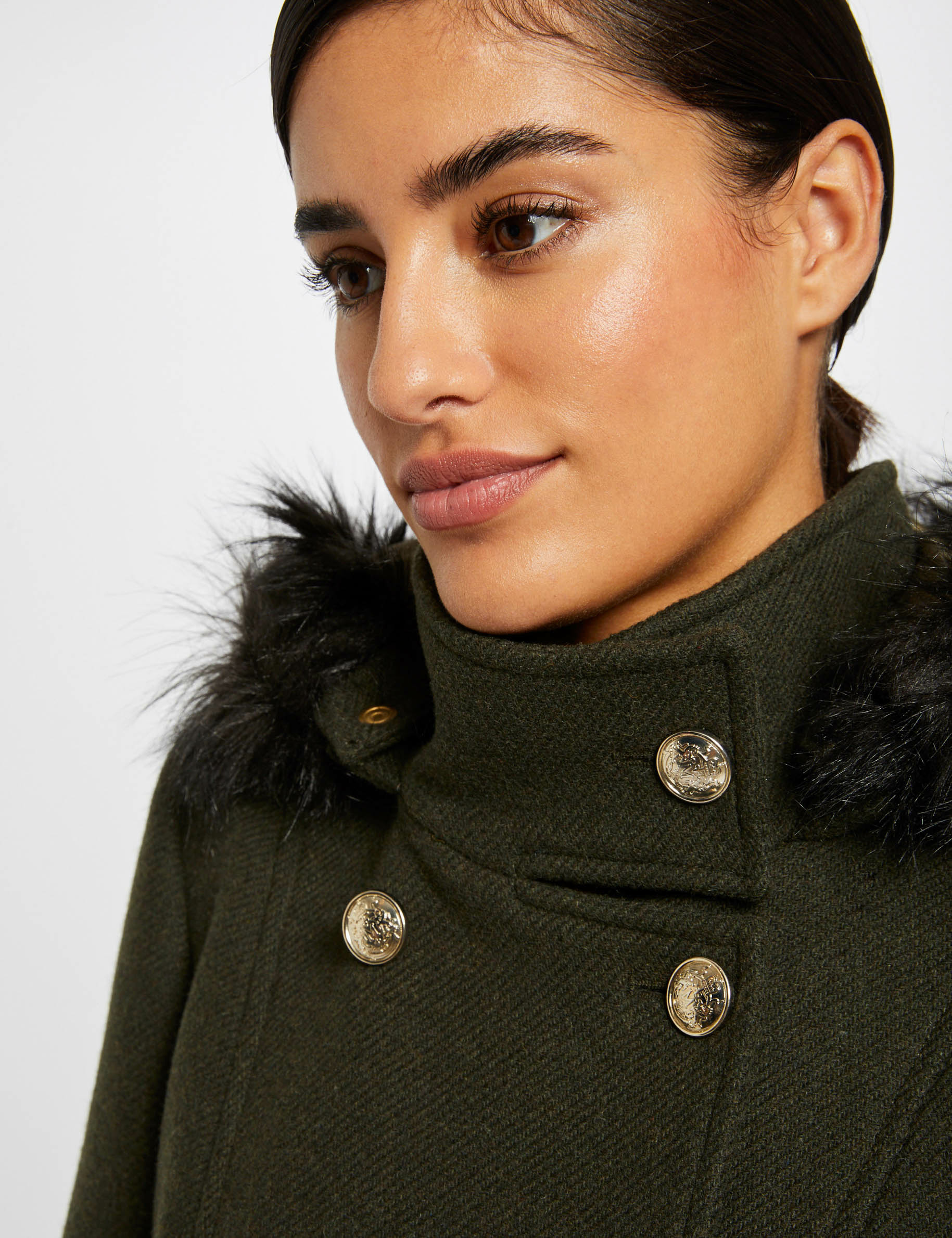 Loose buttoned coat with hood olive ladies'