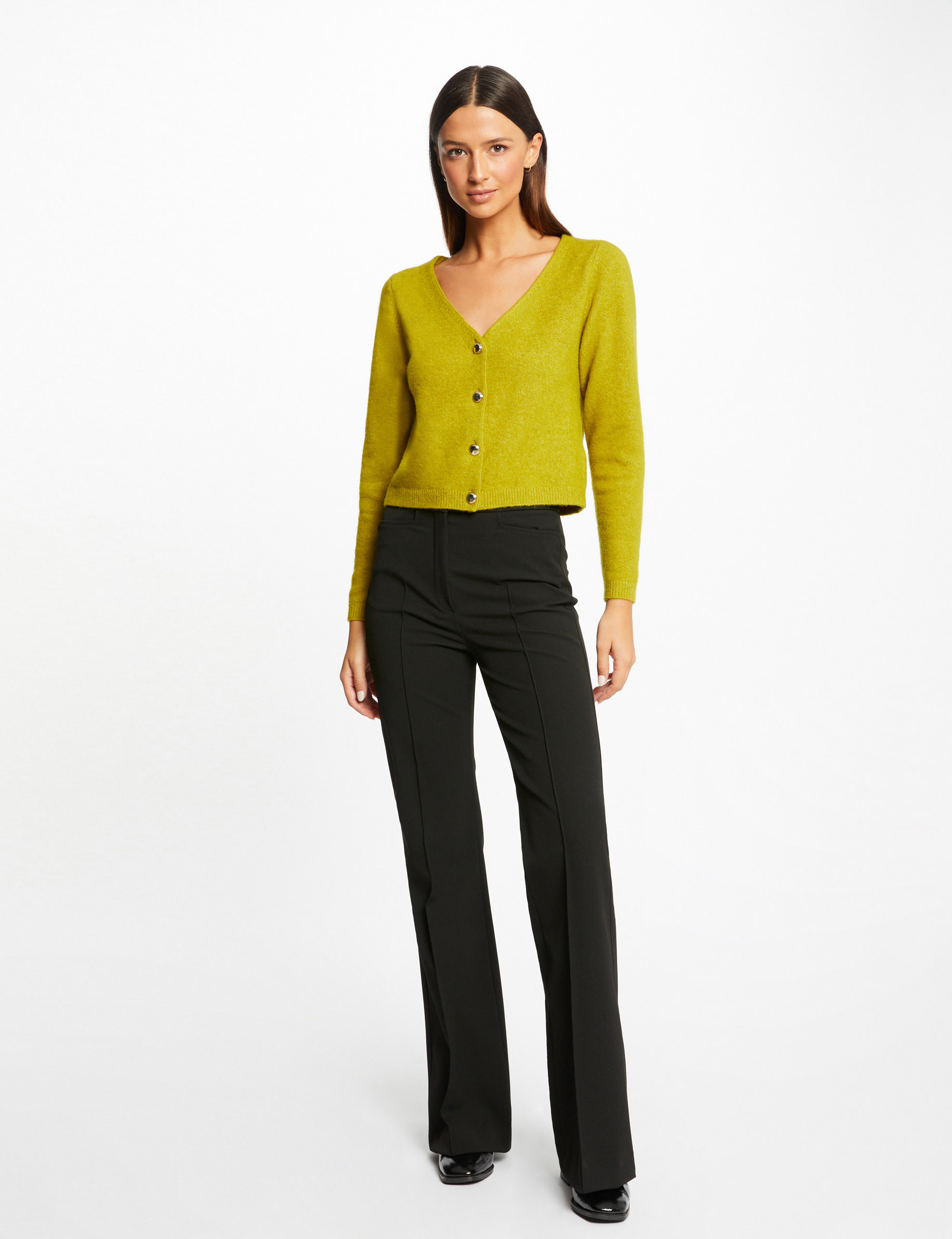 Straight buttoned cardigan with V-neck aniseed ladies'