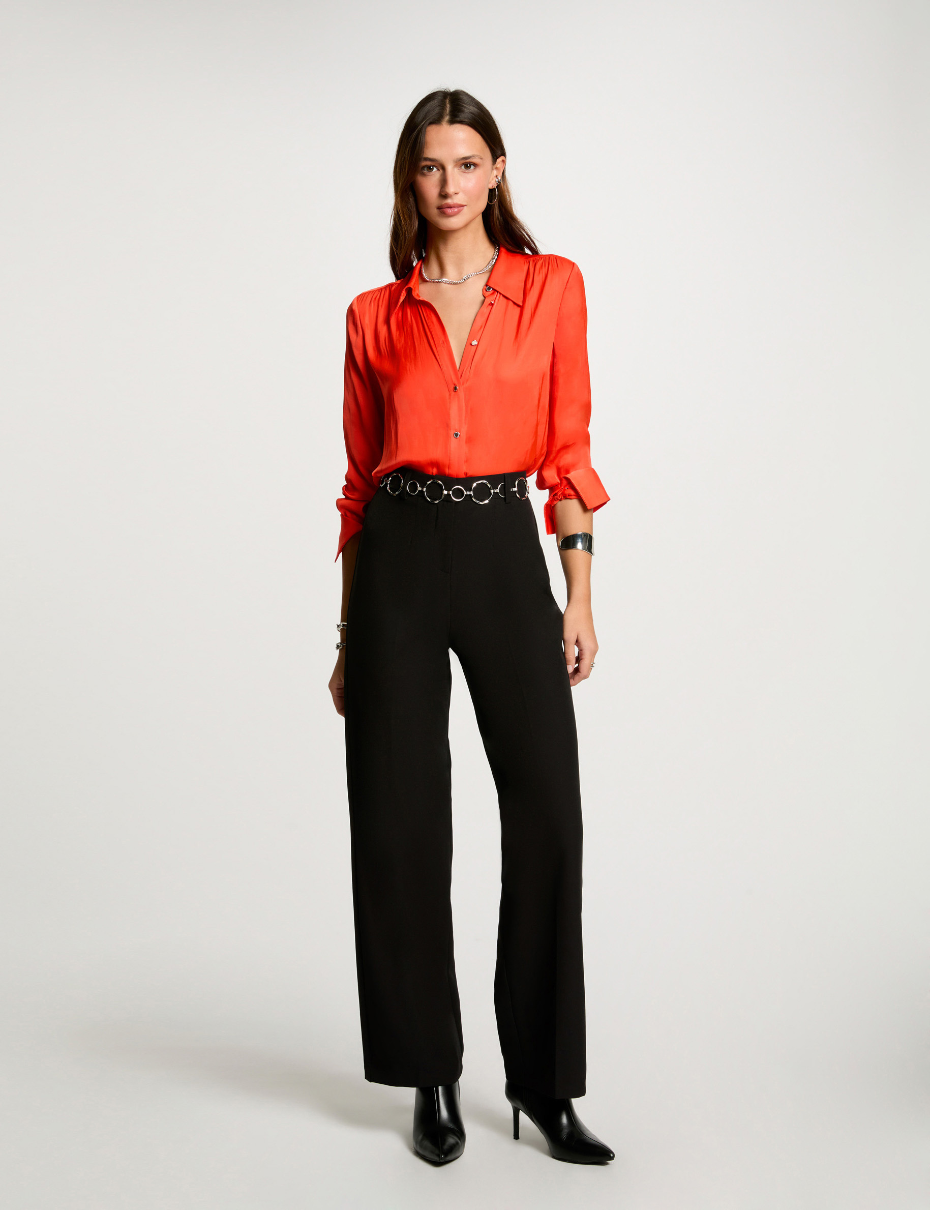long sleeved satin shirt dark orange women Long-sleeved satin shirt dark orange women
