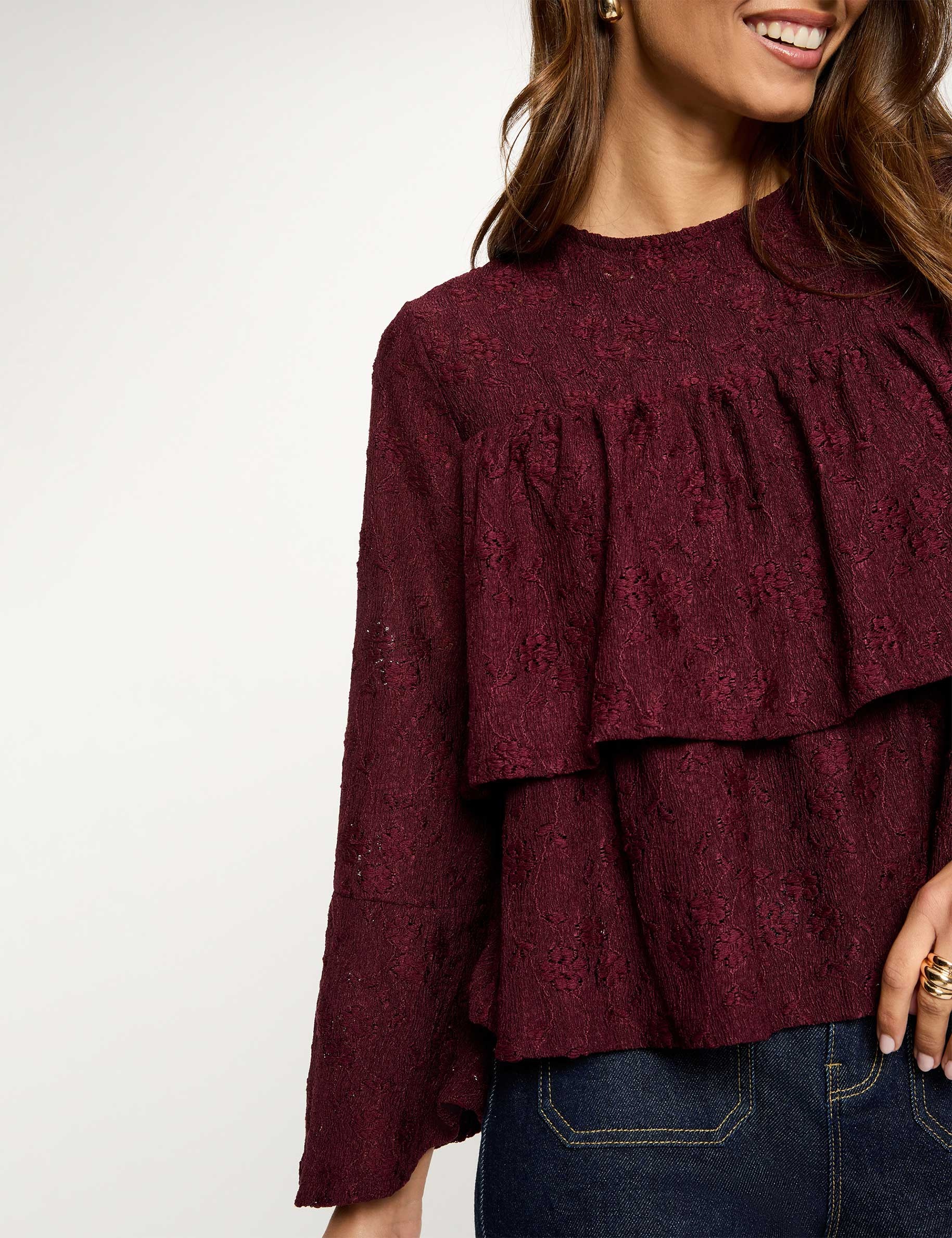 Lace t-shirt with ruffles bordeaux women