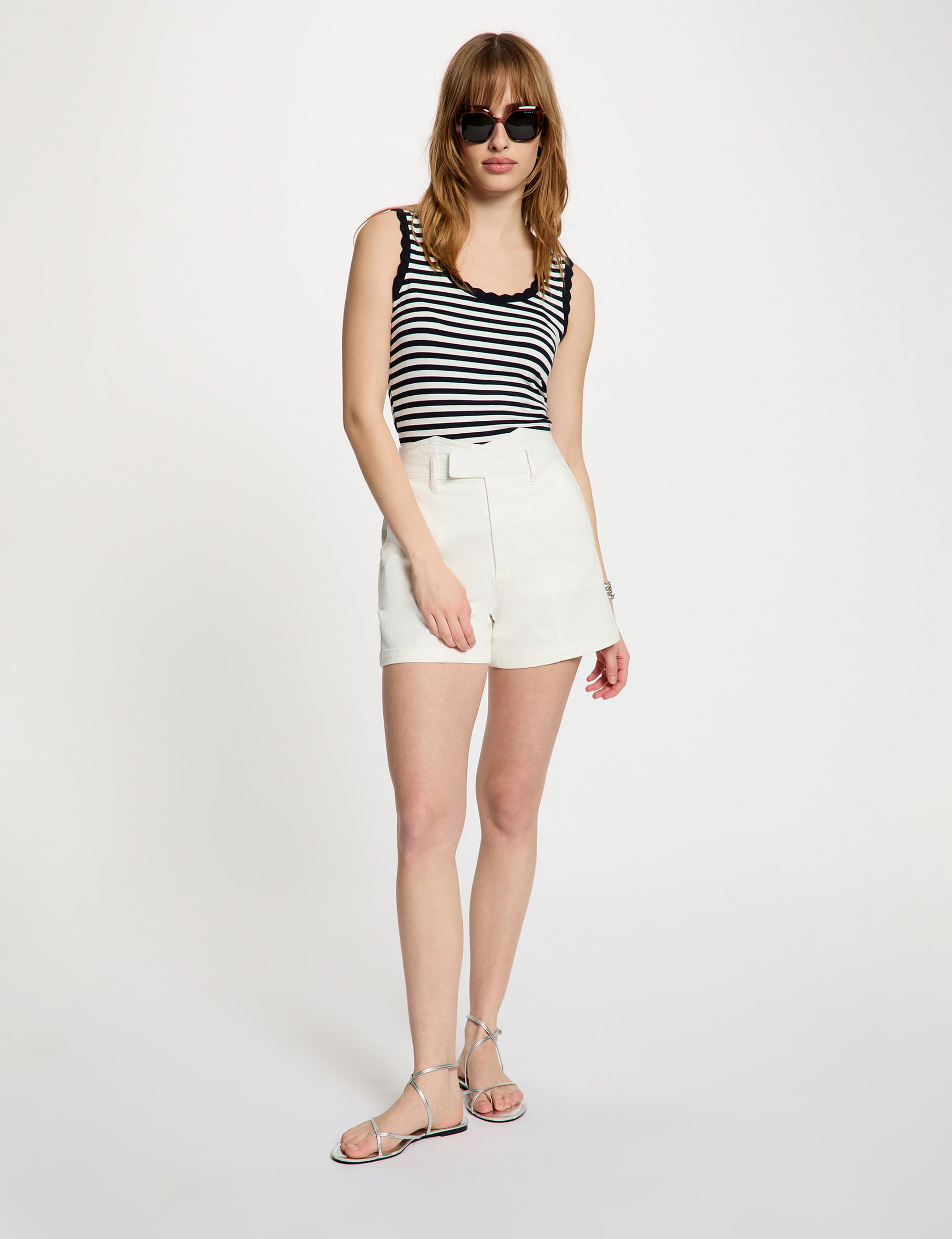 Striped round neck tank top navy blue women