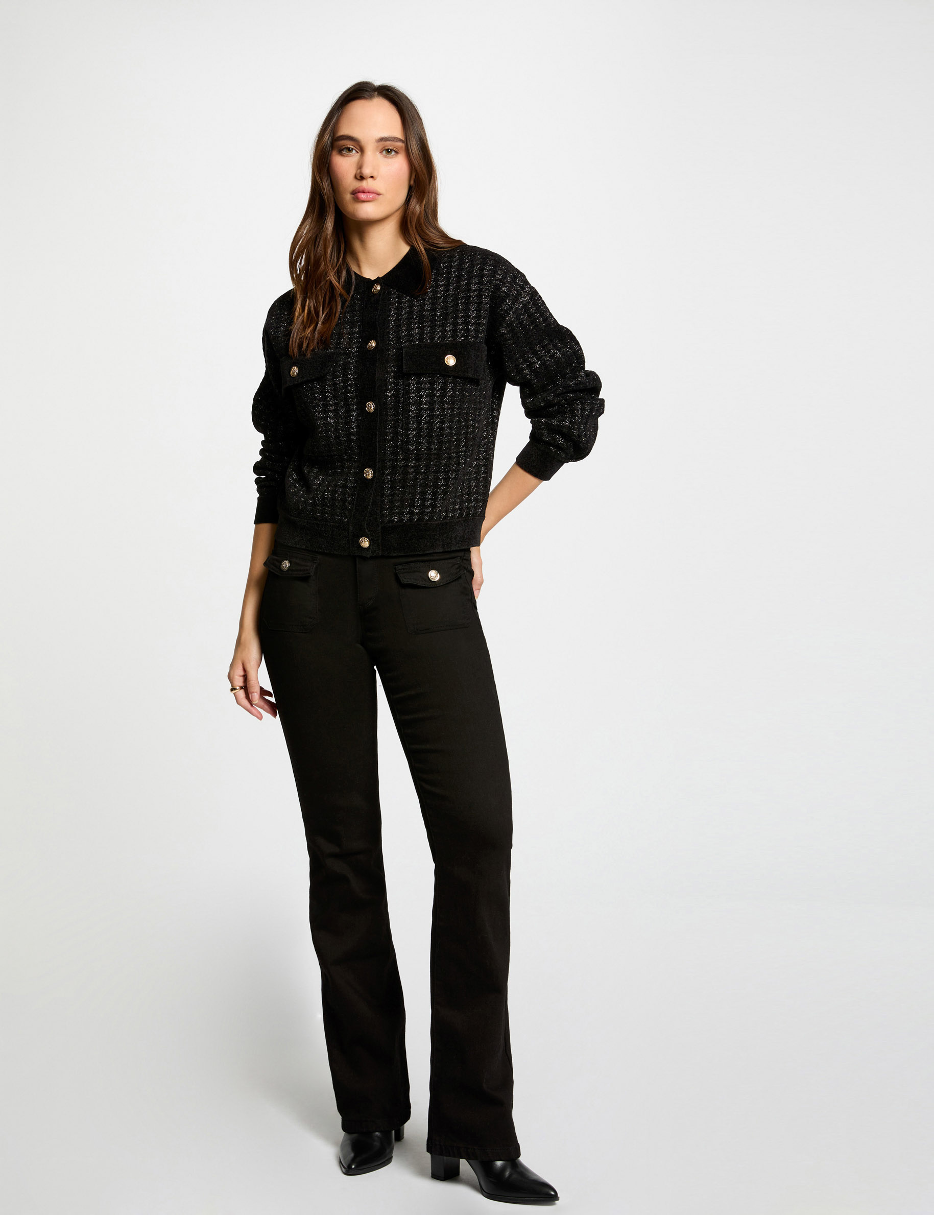 buttoned cardigan lapel collar black women Buttoned cardigan lapel collar black women