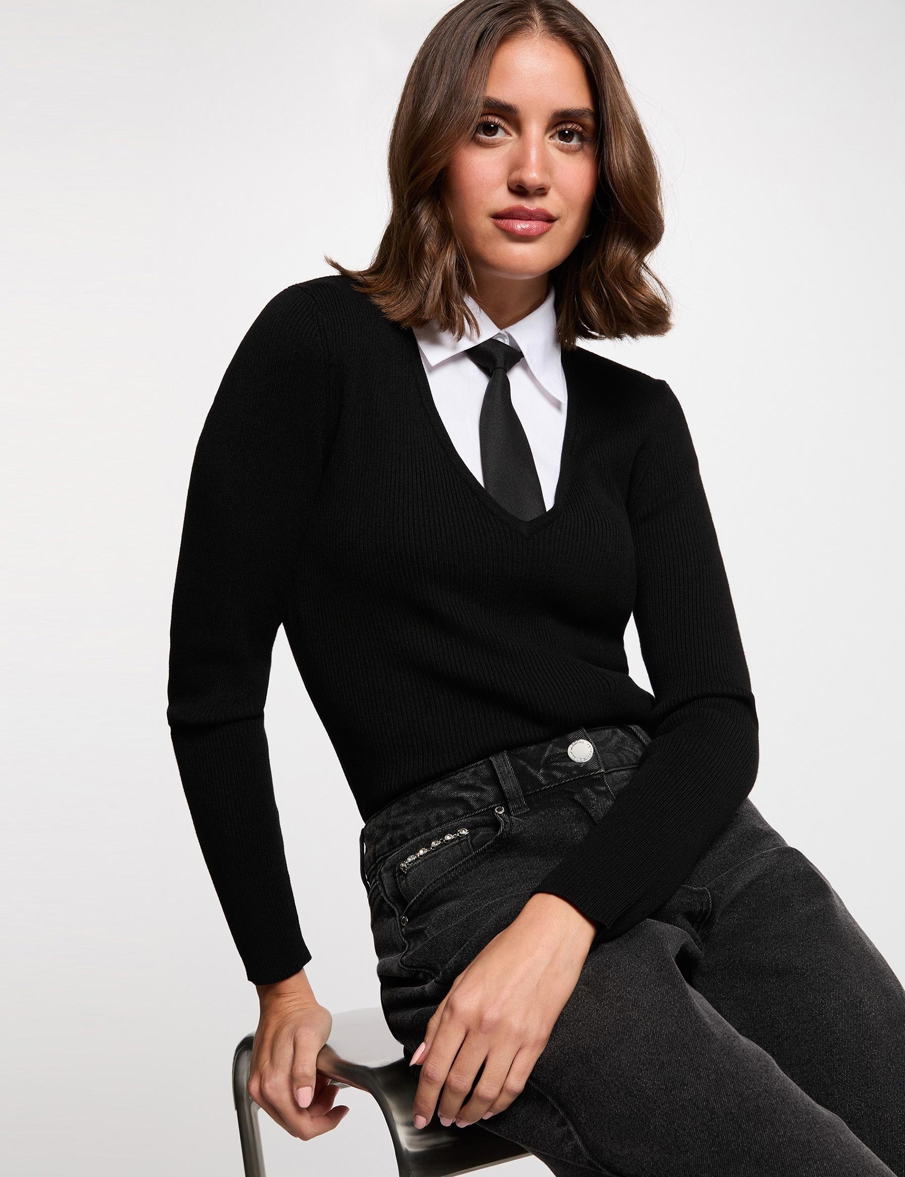 2-in-1 sweater with folded collar black women