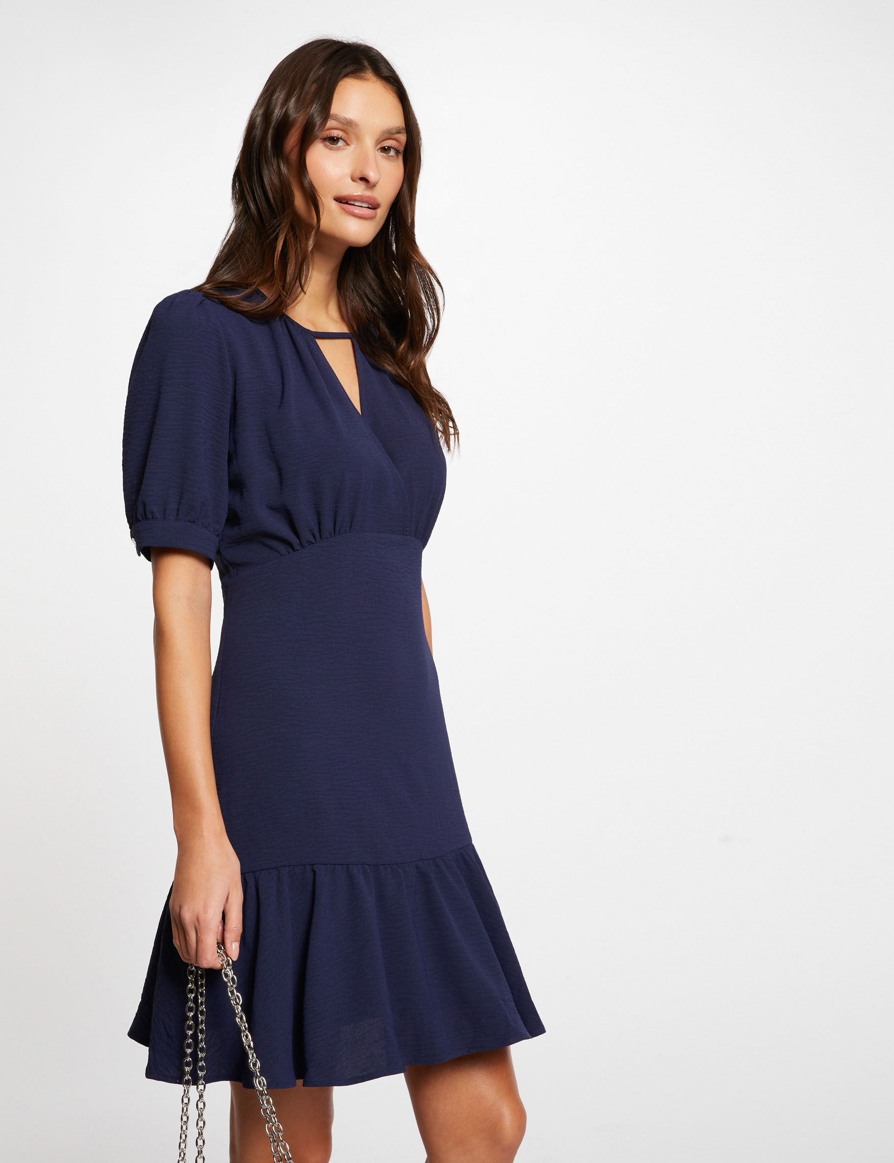 Mini fitted dress with ruffles navy ladies'