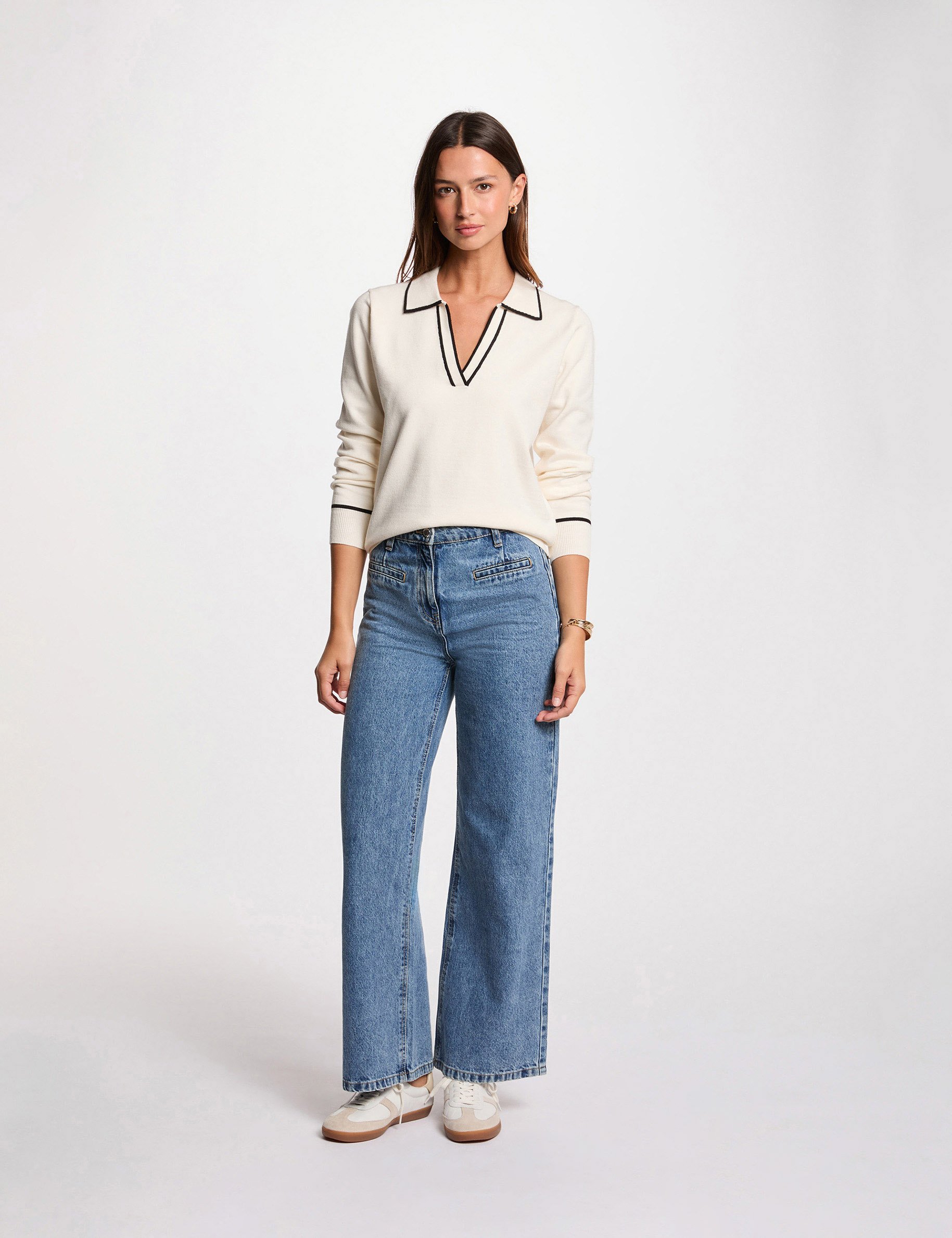 Pull col polo ivoire femme