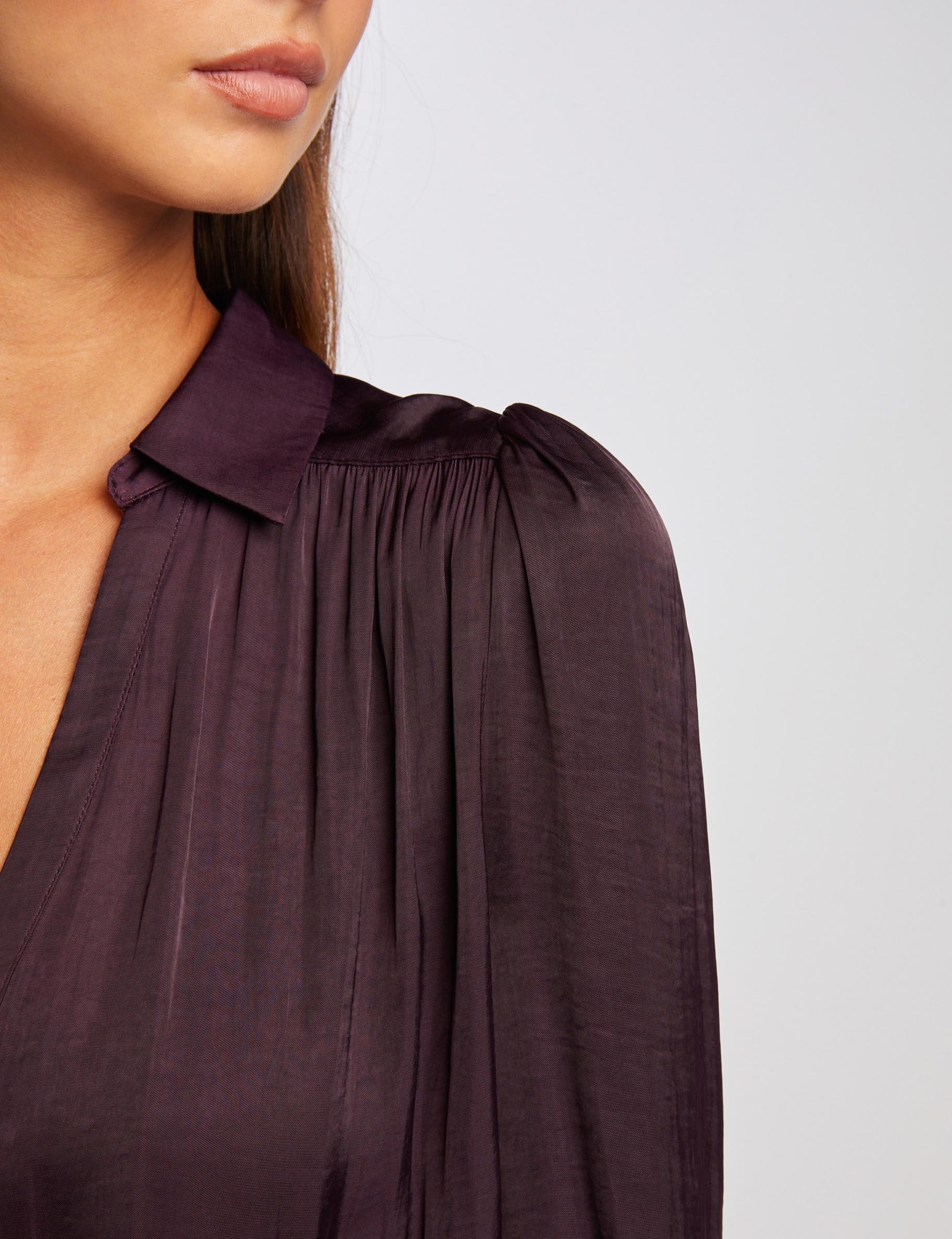Long-sleeved satin shirt plum ladies'