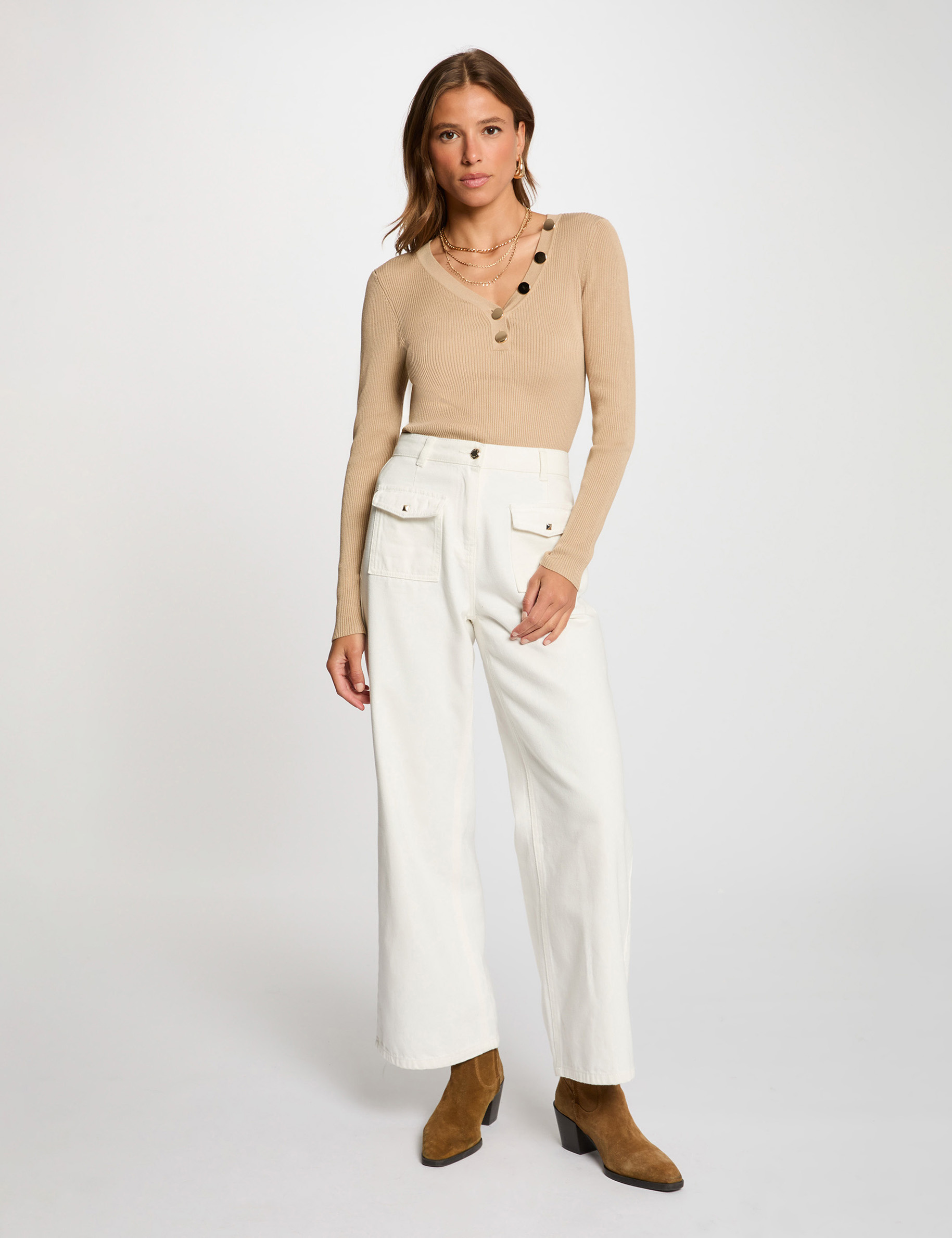 long sleeved jumper buttons fine knit light brown women Long-sleeved jumper buttons fine knit light brown women
