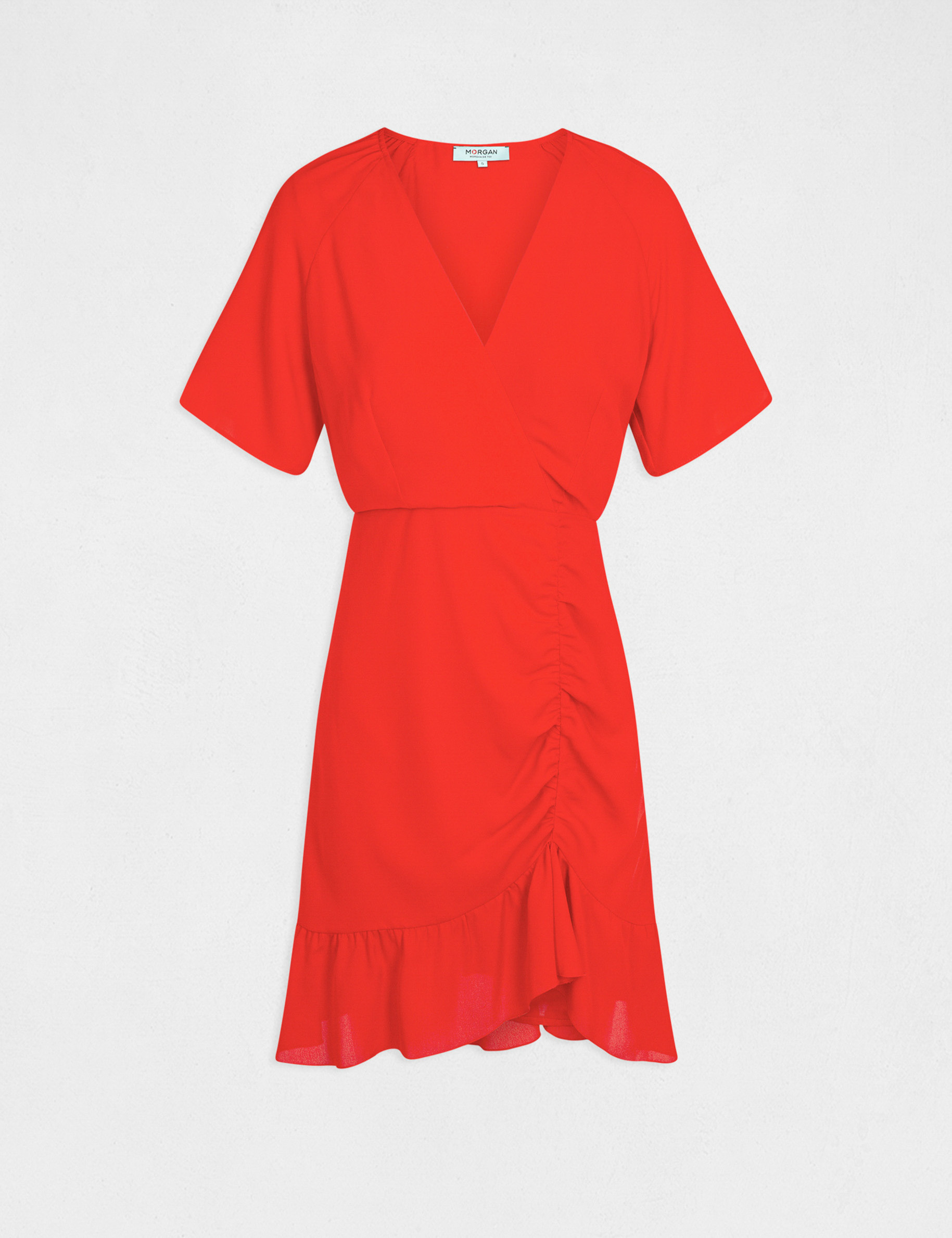 Shirred waisted dress wrap over neckline red ladies Morgan