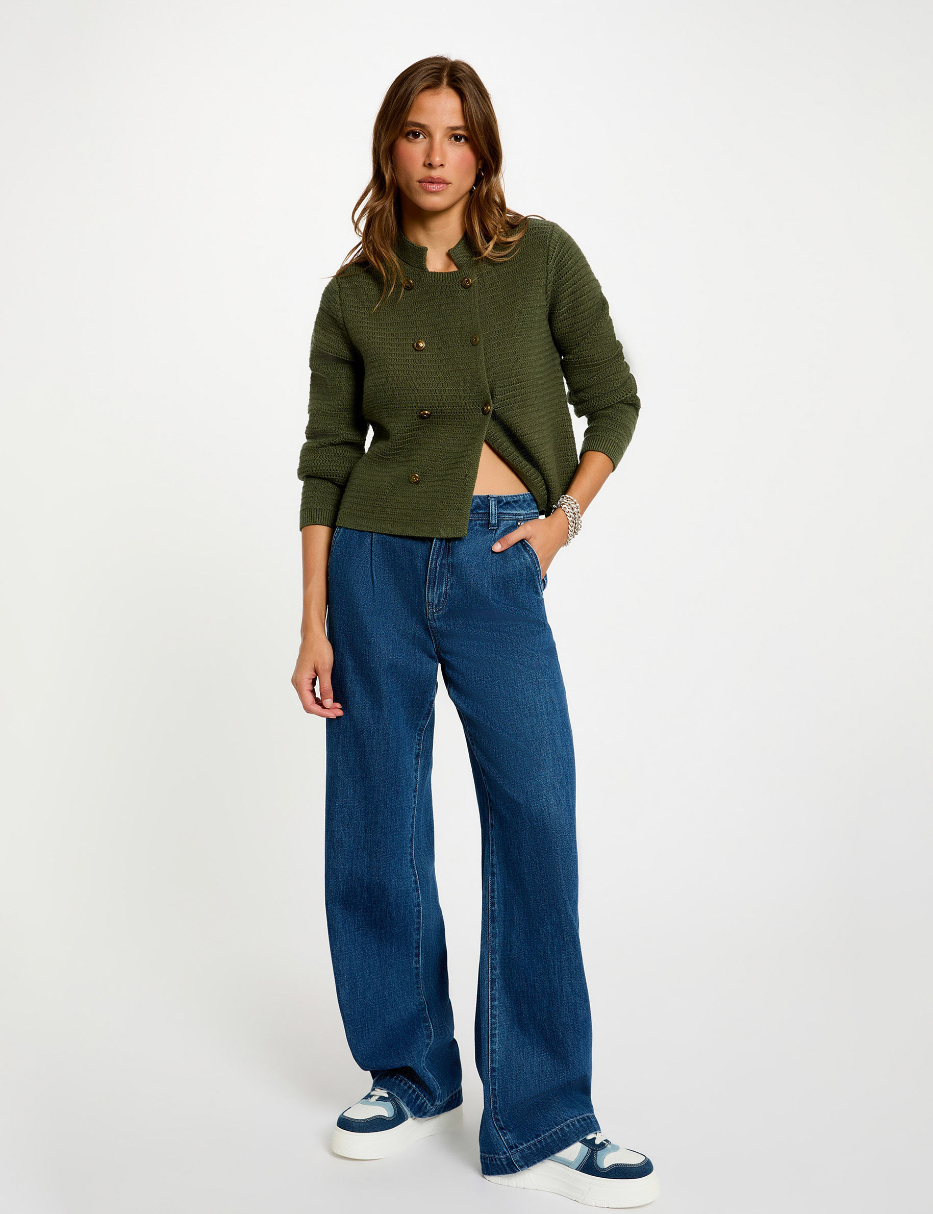 Cropped buttoned jacket khaki green women