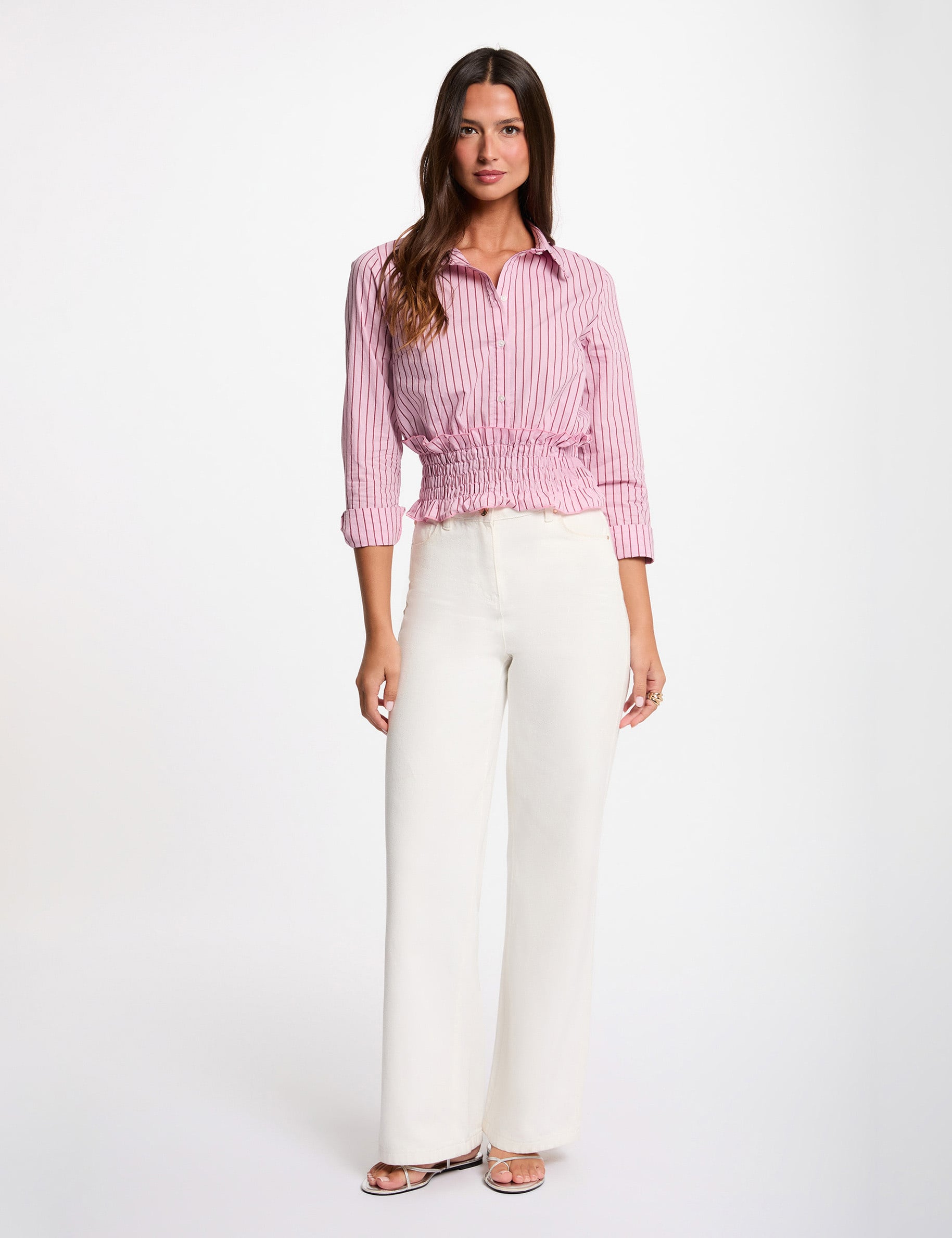 Striped shirt with a notched collar pink women
