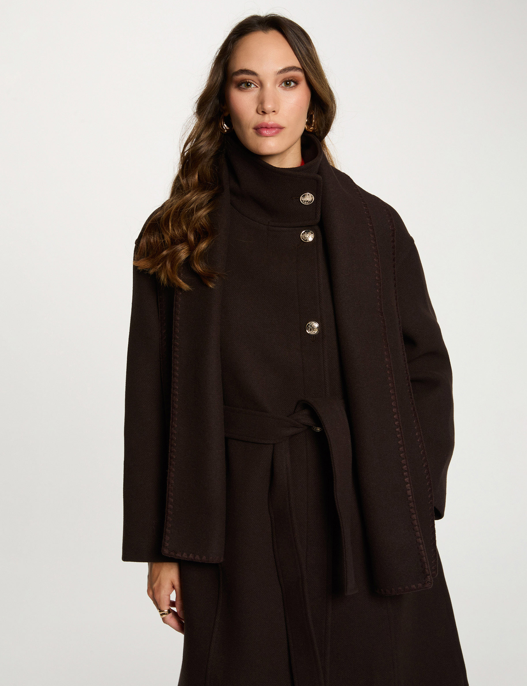 Long coat with high neck dark brown women