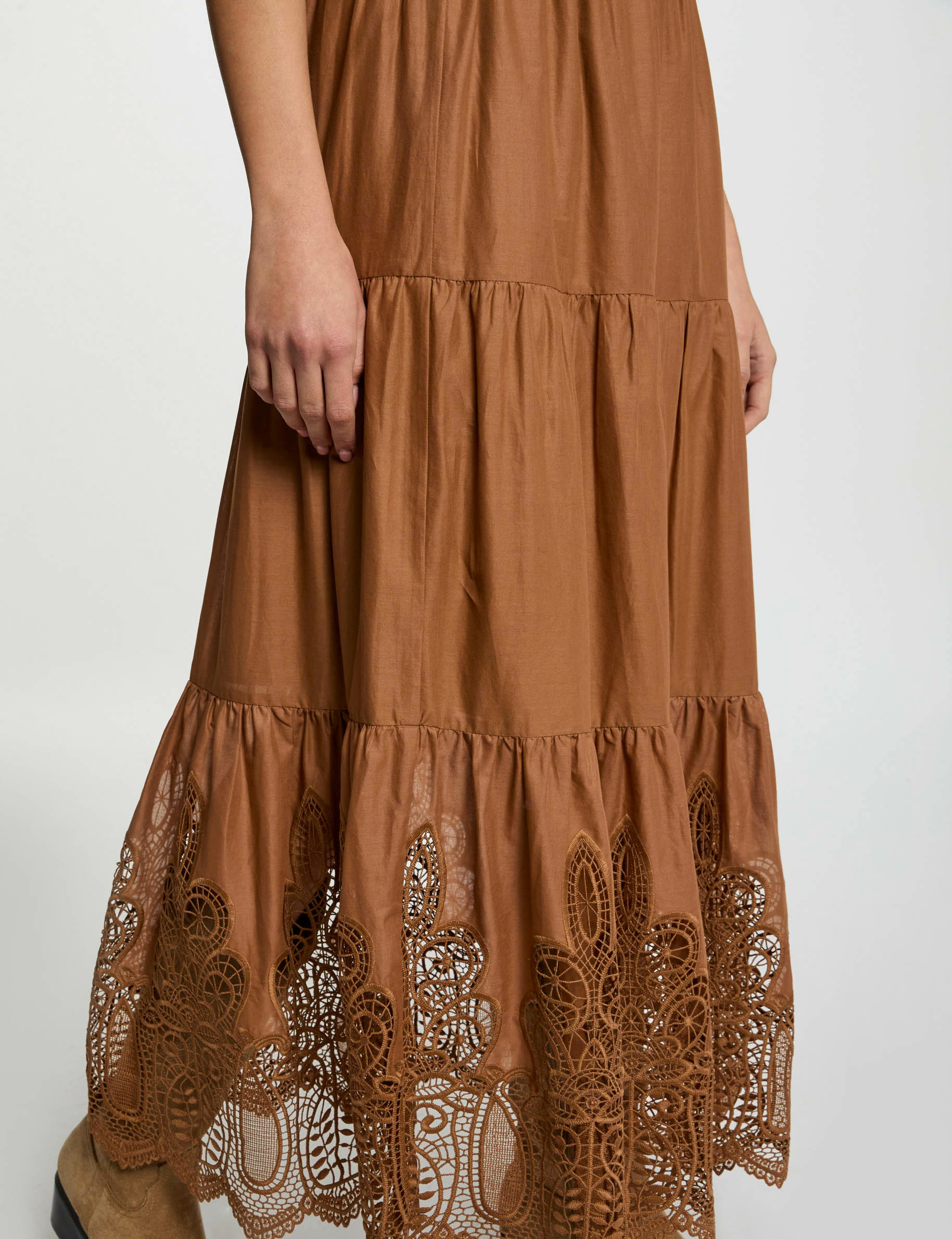 jupe longue detail dentelle marron cognac femme Jupe longue détail dentelle marron cognac femme