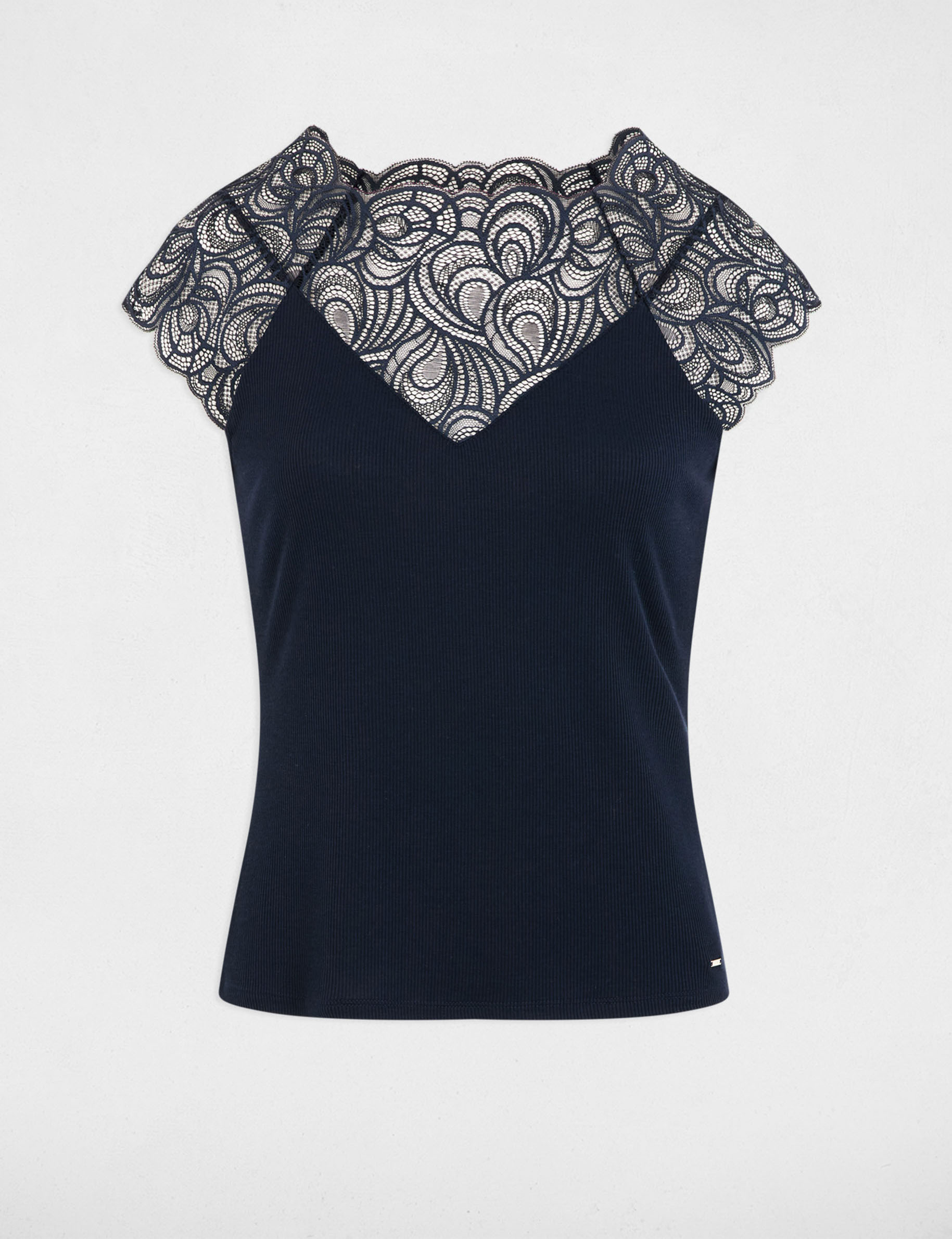 Lace t-shirt with round neck navy blue women