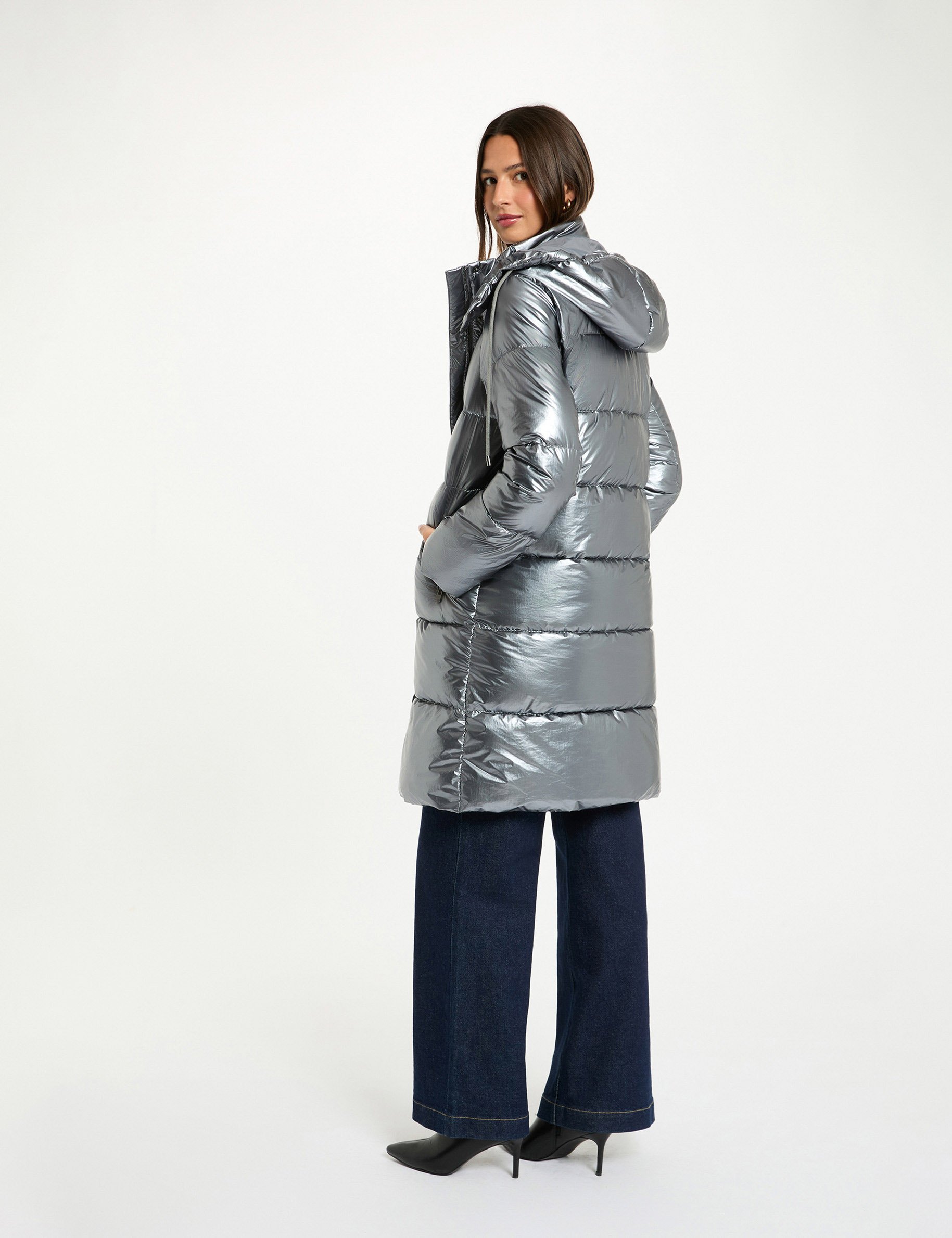Shiny long puffer jacket silver color women