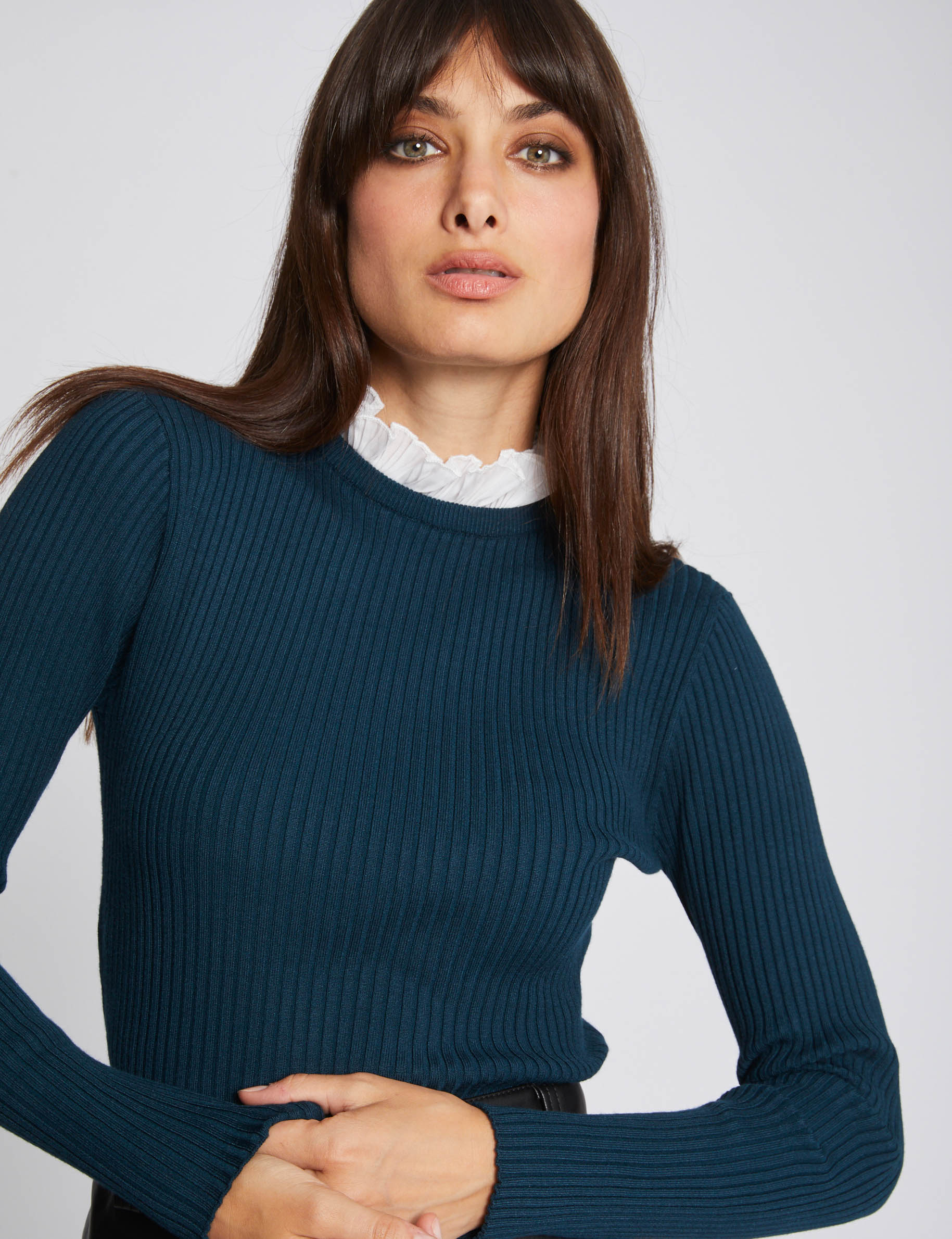 Long-sleeved jumper with pleated collar dark green women