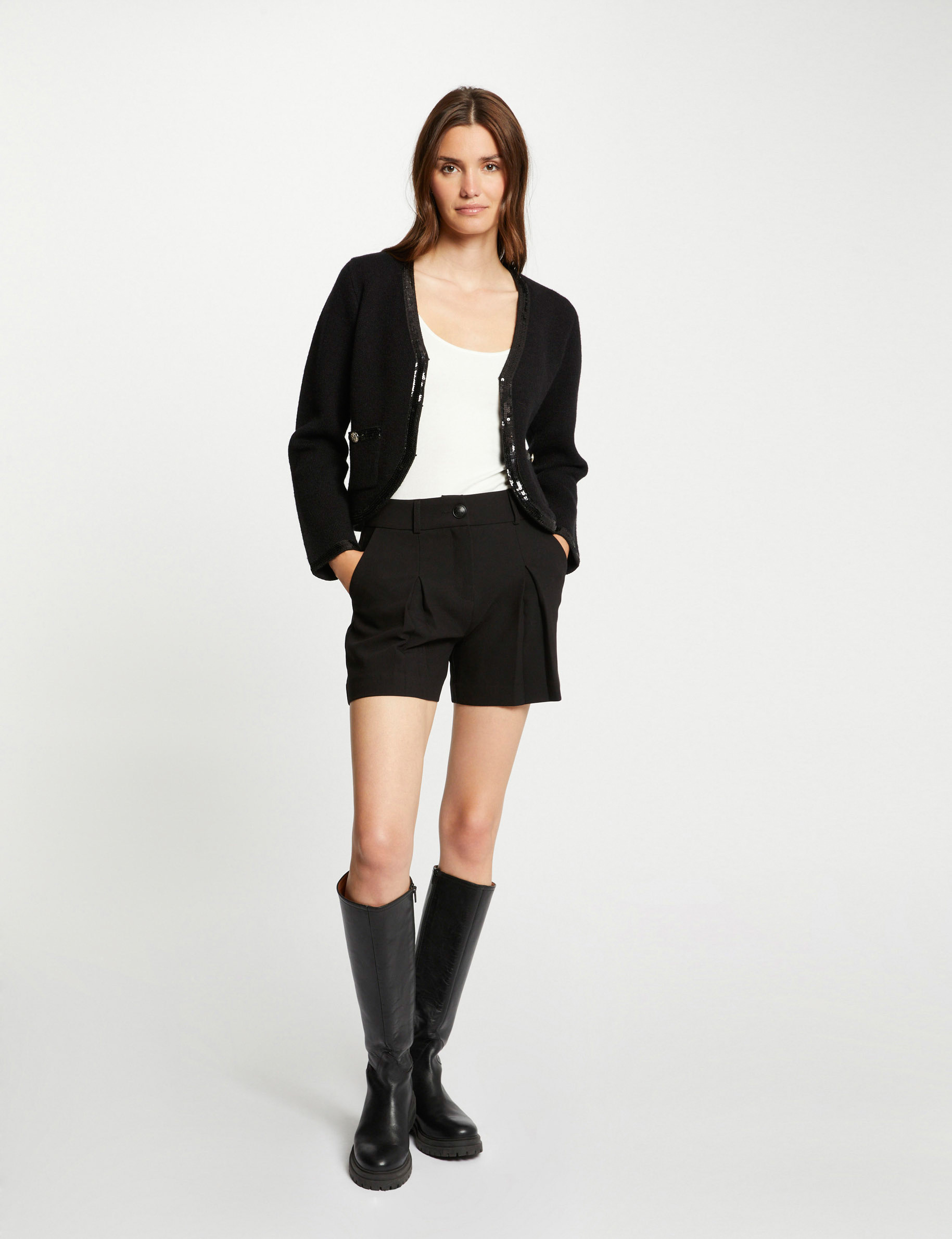 Long-sleeved cardigan sequins strips black ladies'