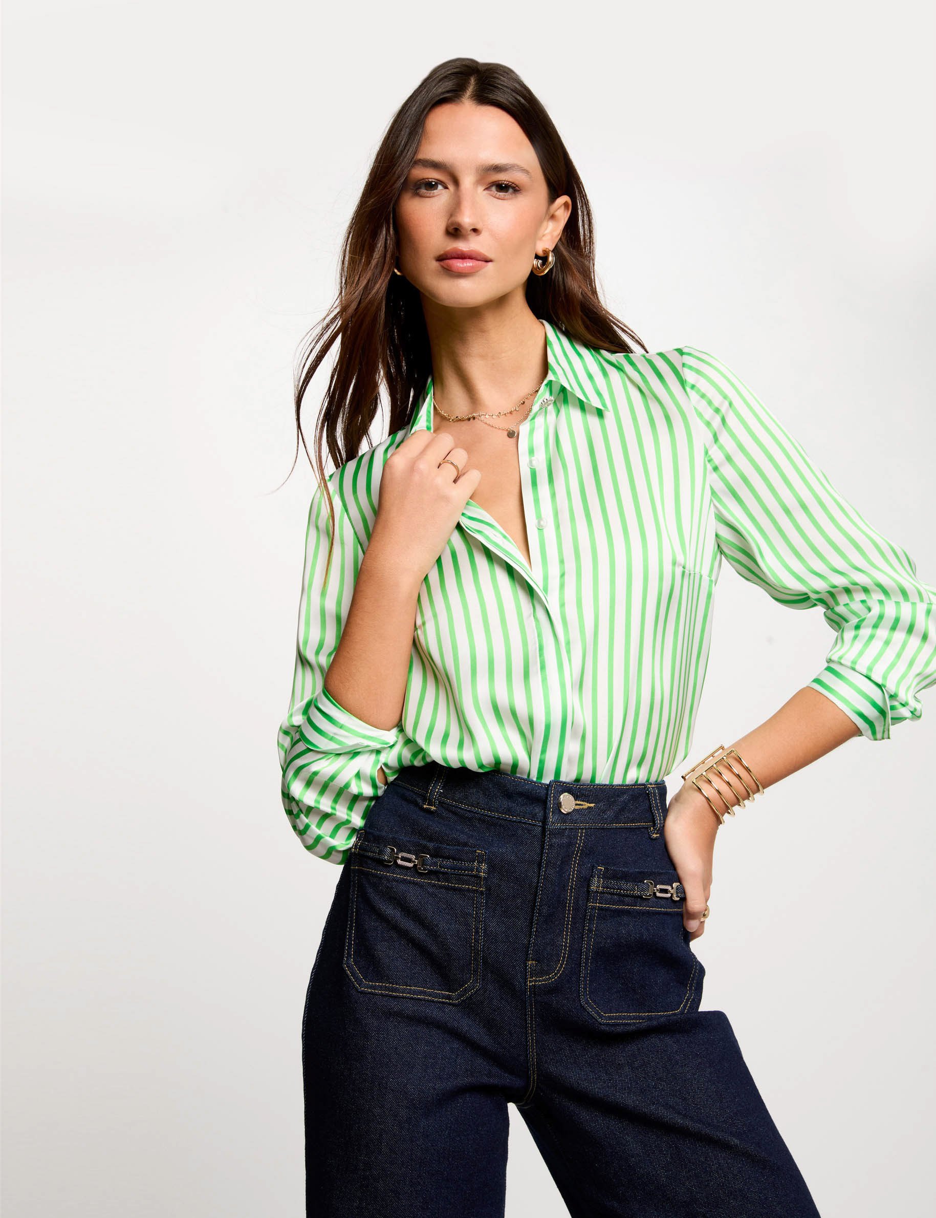 Striped long-sleeved shirt green women