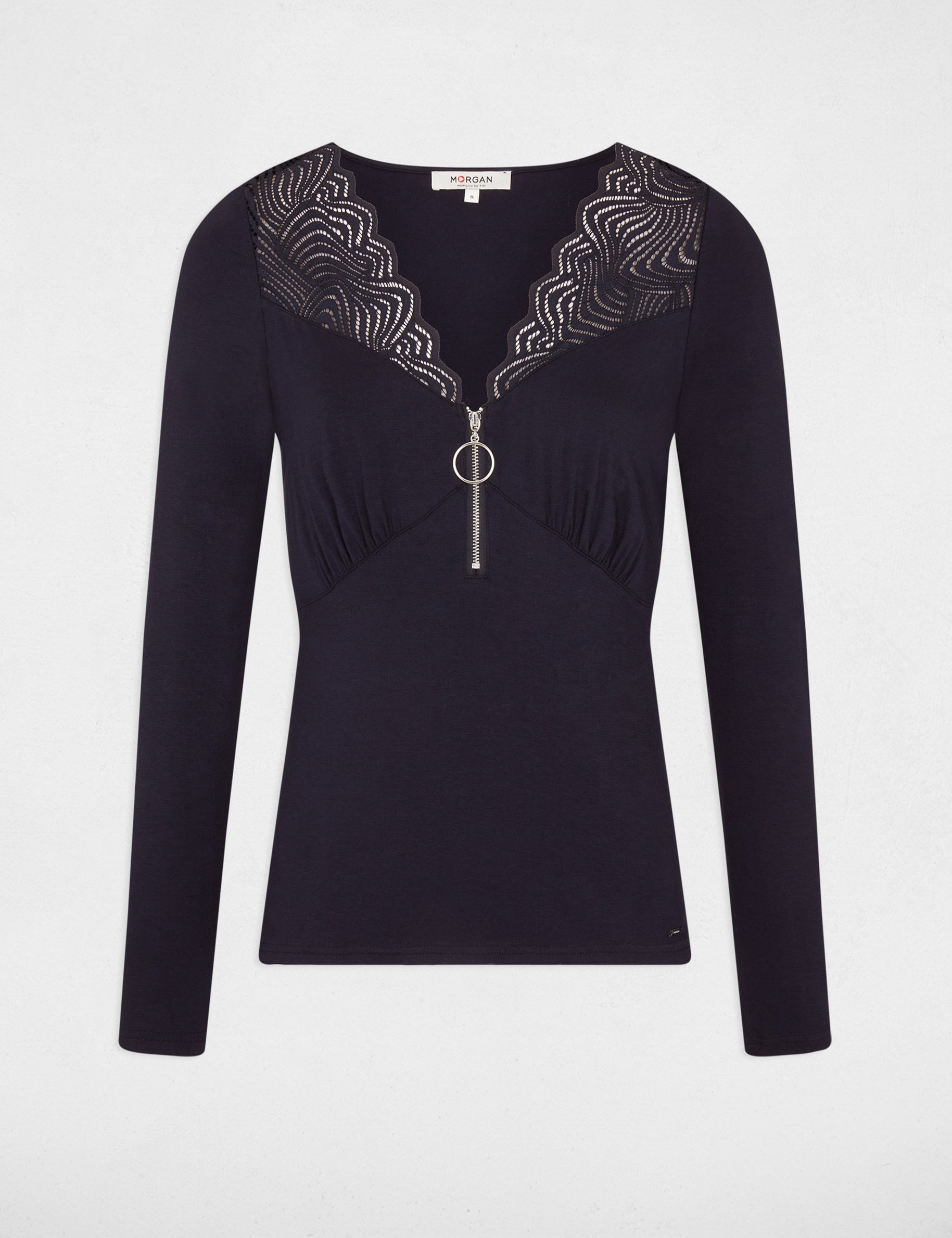 Long-sleeved t-shirt collar with lace navy ladies'