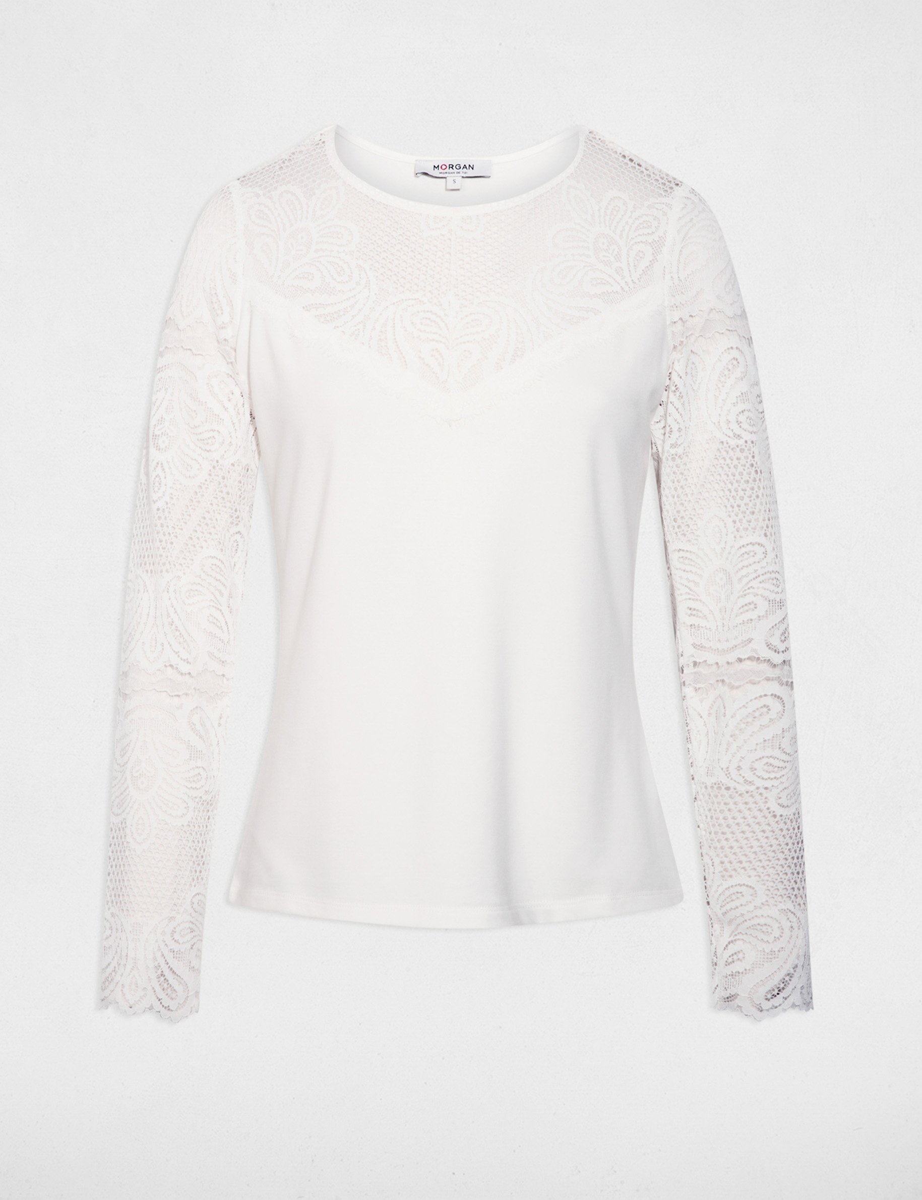 Long-sleeve lace t-shirt white women