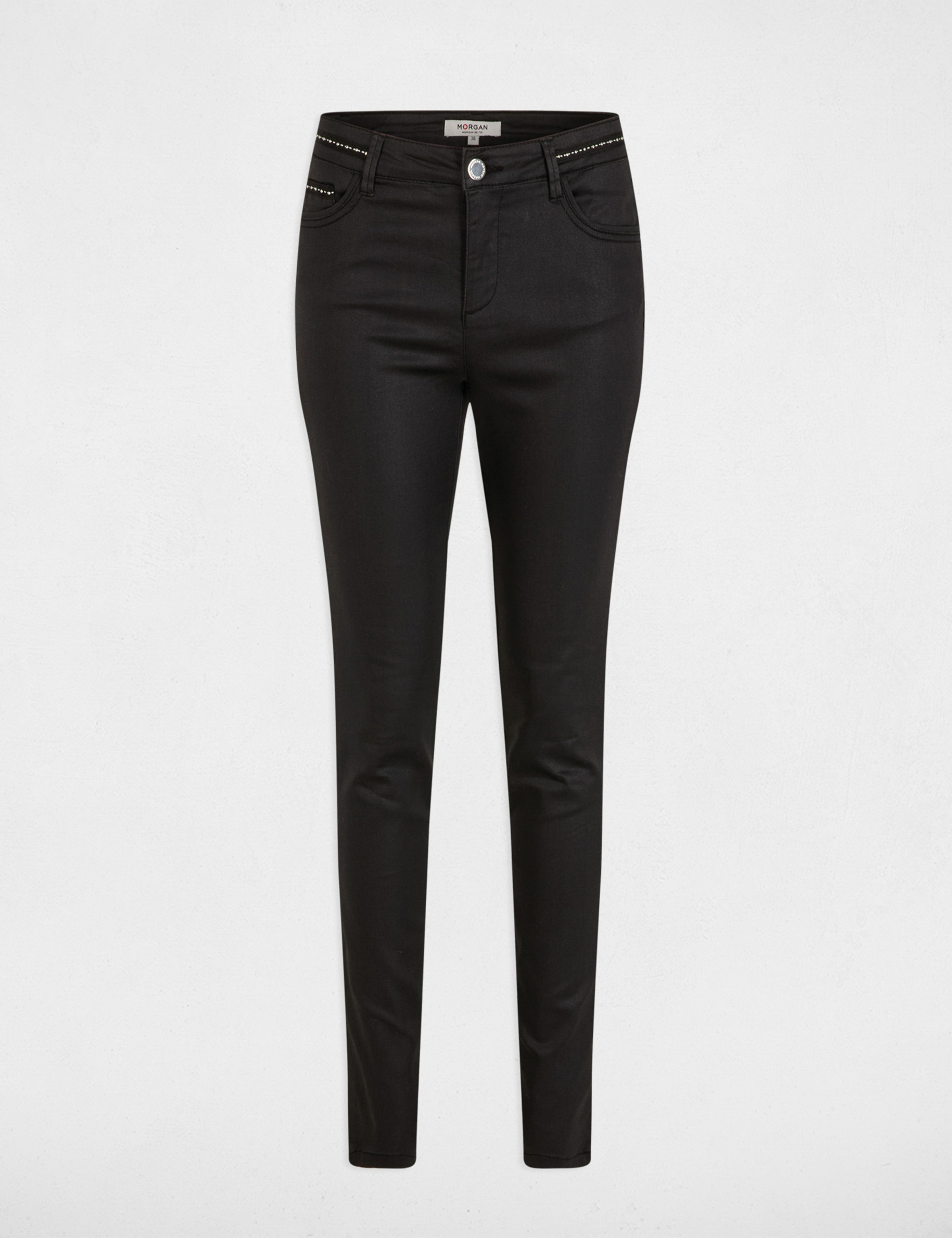 Pantalon slim enduit noir femme