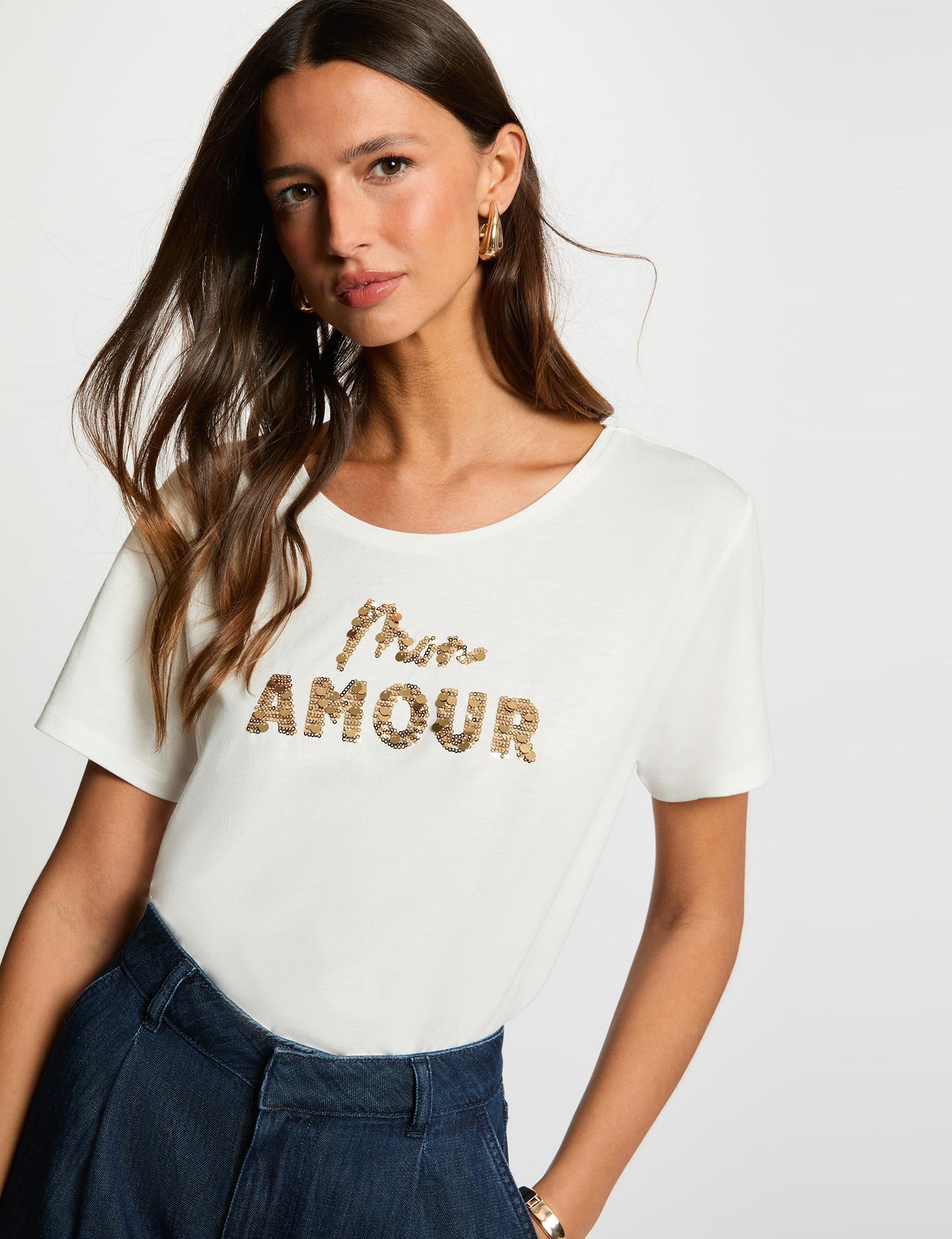 Sequin-embroidered t-shirt white women